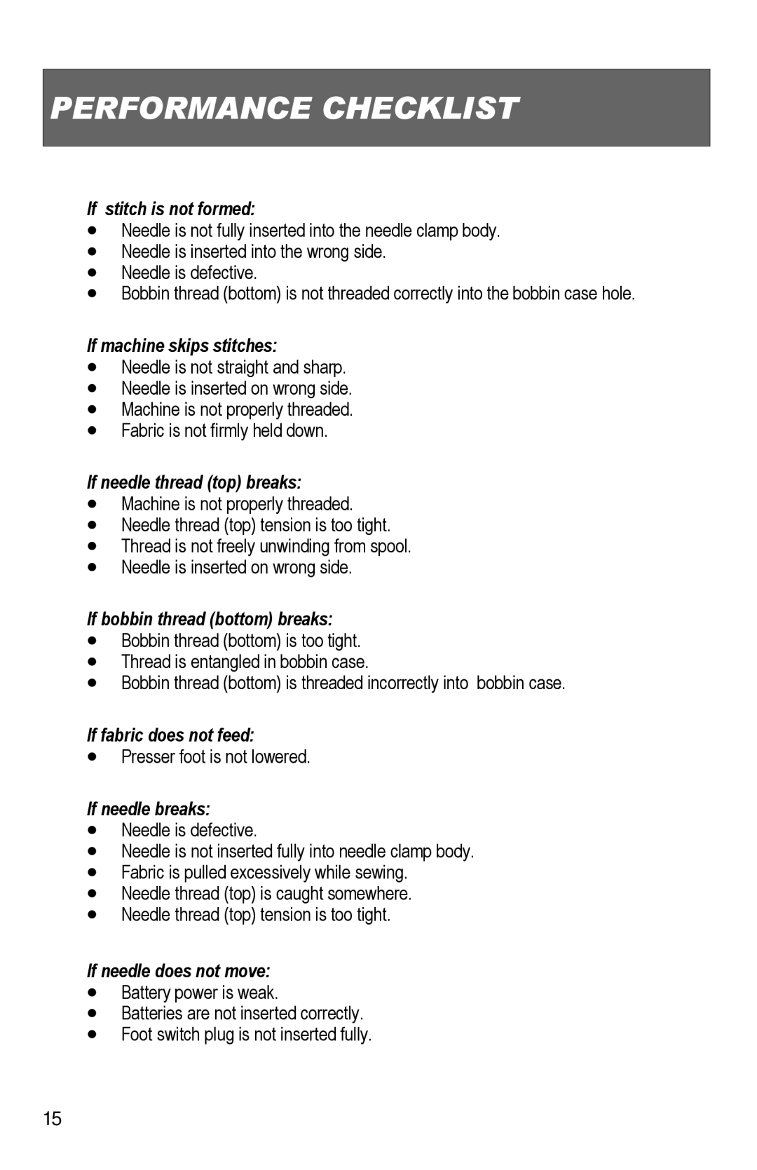 Top Innovations SP-403 owner manual Performance Checklist, If stitch is not formed 