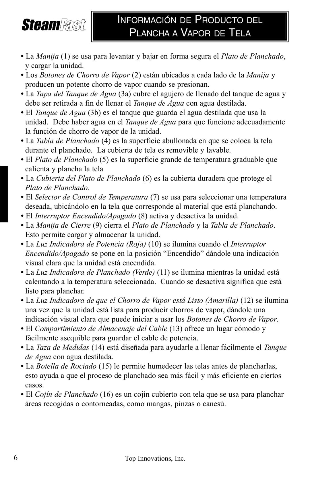 Top Innovations SP-660 warranty Información DE Producto DEL Plancha a Vapor DE Tela 