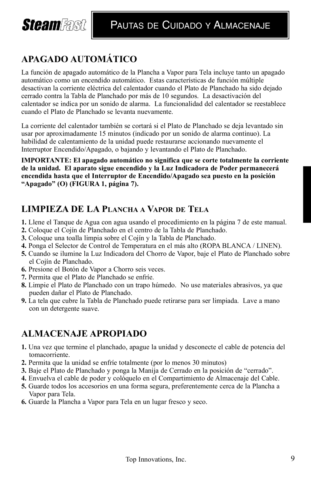 Top Innovations SP-660 warranty Apagado Automático, Almacenaje Apropiado, Pautas DE Cuidado Y Almacenaje 