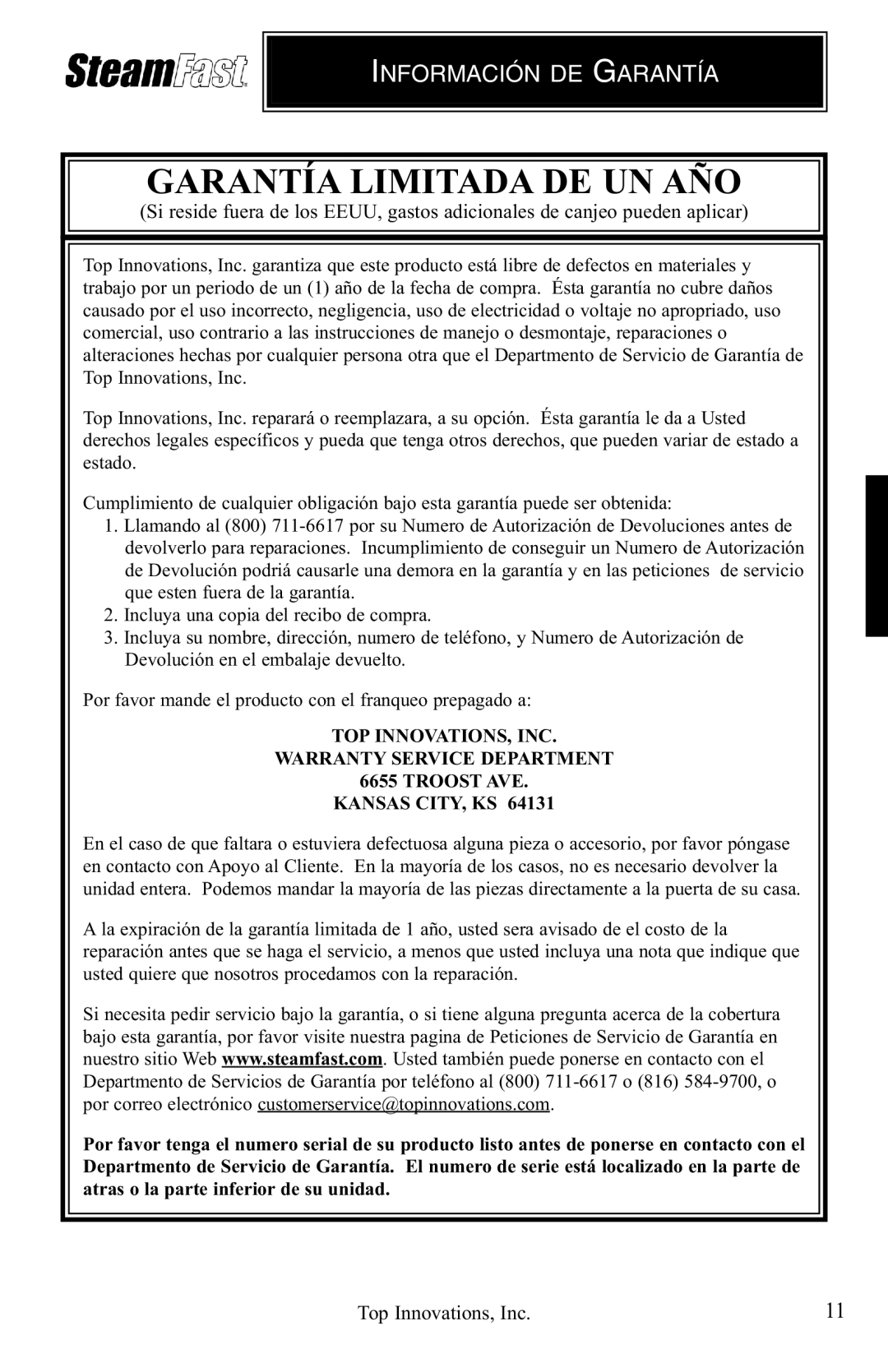 Top Innovations SP-660 warranty Garantía Limitada DE UN AÑO, Información DE Garantía 