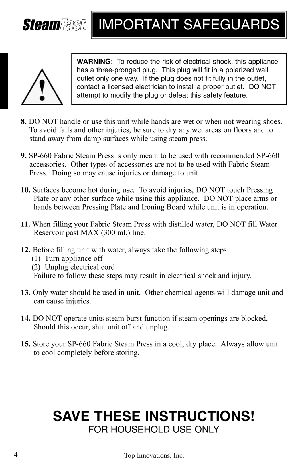 Top Innovations SP-660 warranty Important Safeguards 