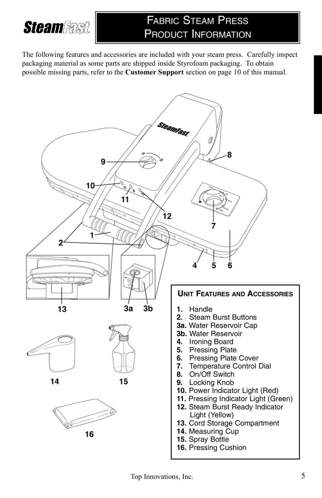 Top Innovations SP-660 warranty Fabric Steam Press Product Information 