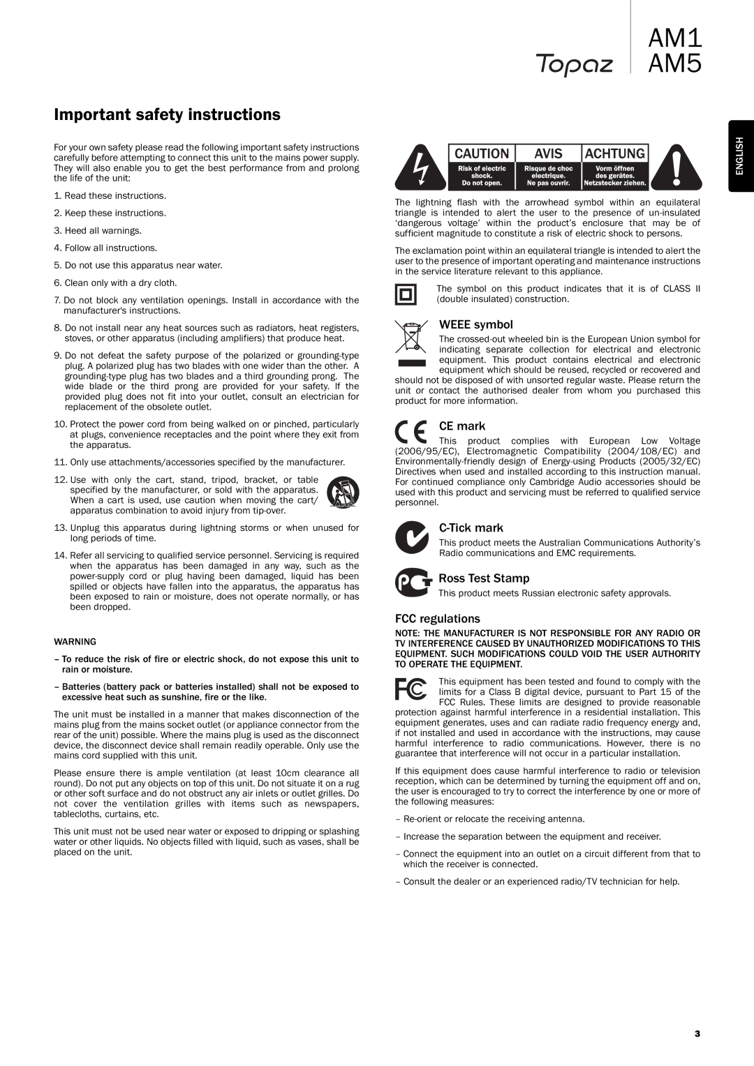 Topaz Systems AM1, AM5 Important safety instructions, Weee symbol, CE mark Tick mark, Ross Test Stamp, FCC regulations 