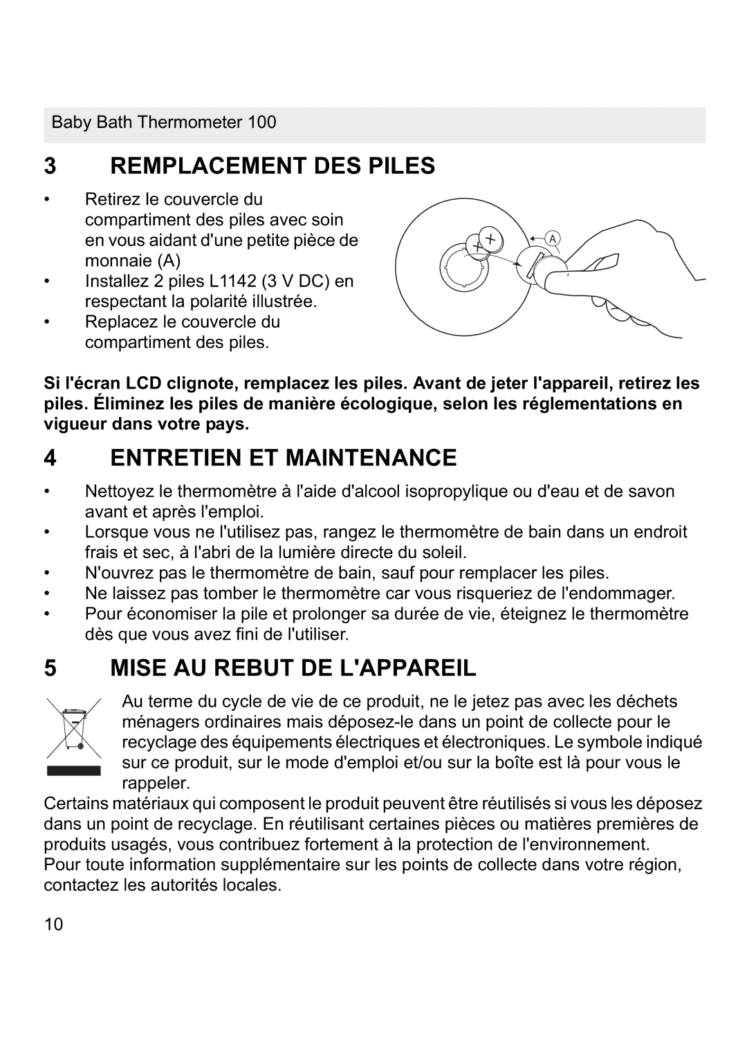 Topcom 100 manual Remplacement DES Piles, Entretien ET Maintenance, Mise AU Rebut DE Lappareil 