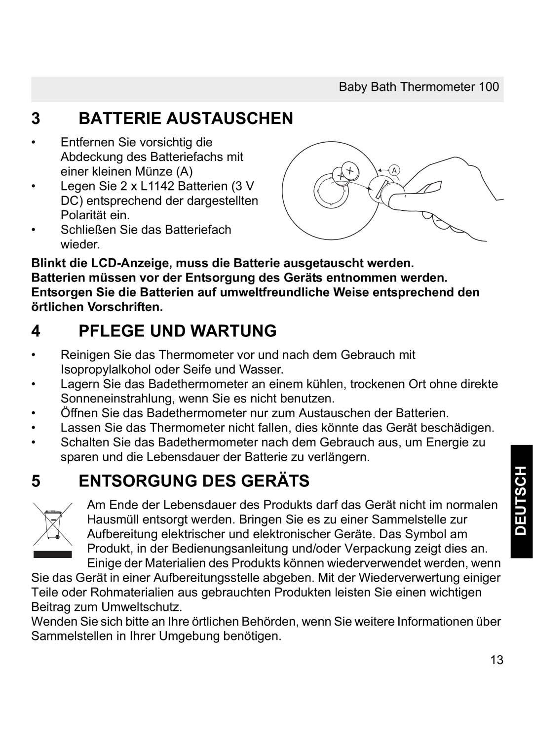 Topcom 100 manual Batterie Austauschen, Pflege UND Wartung, Entsorgung DES Geräts, Deutsch 