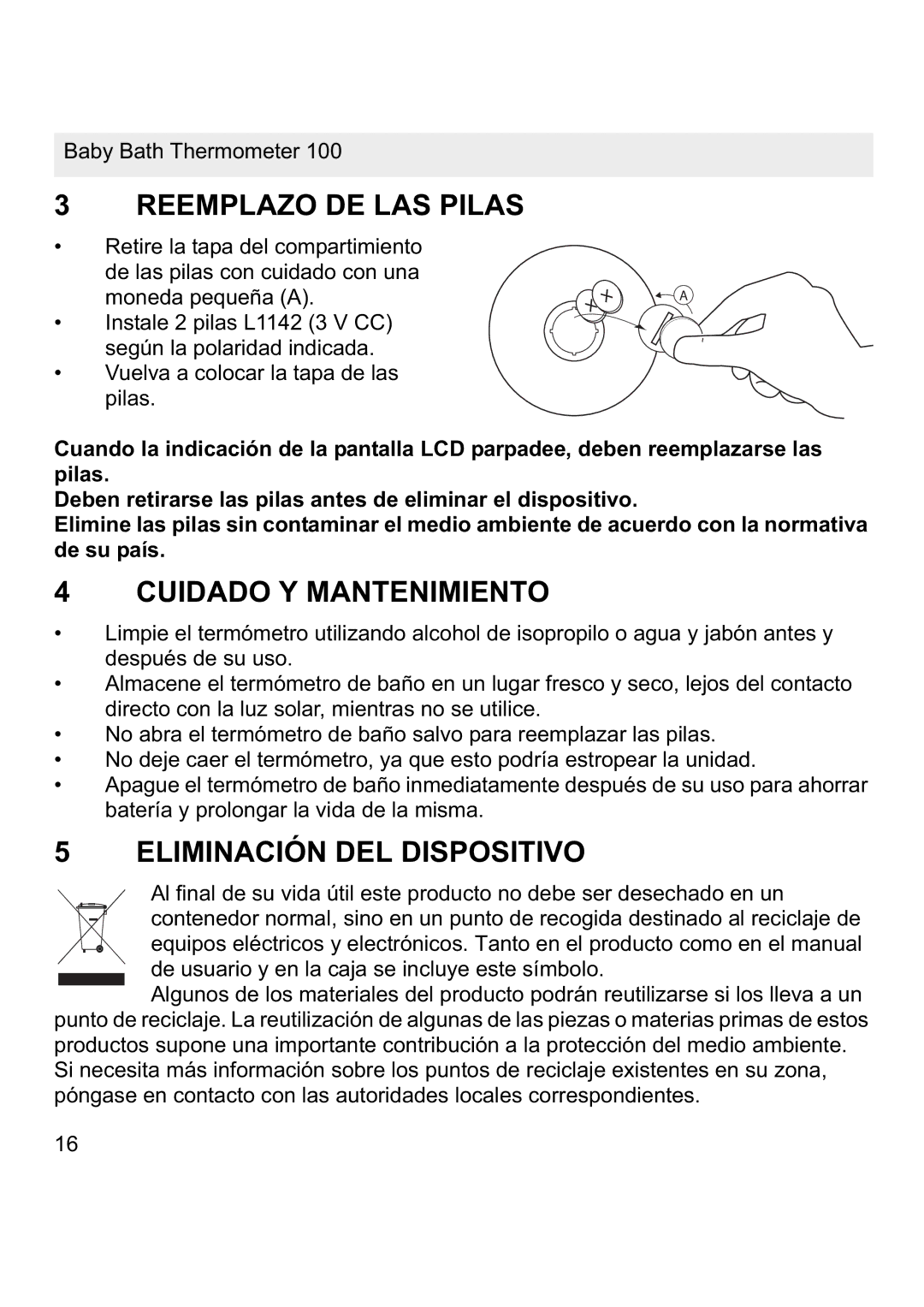 Topcom 100 manual Reemplazo DE LAS Pilas, Cuidado Y Mantenimiento, Eliminación DEL Dispositivo 