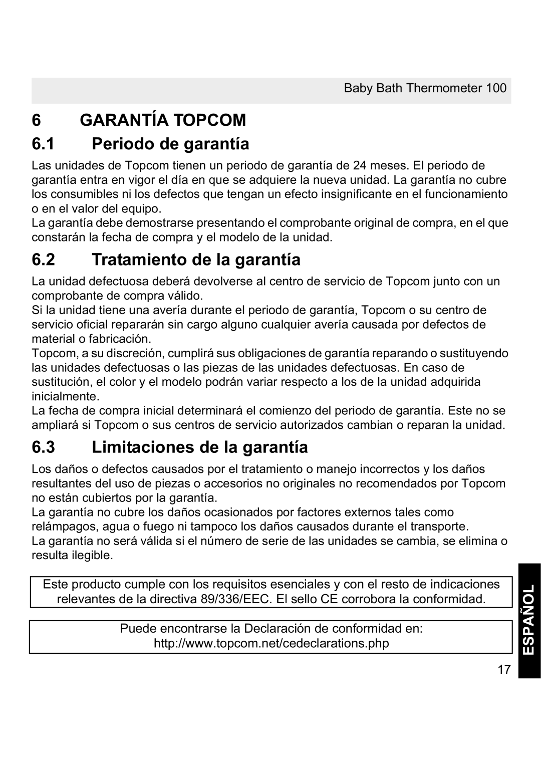 Topcom 100 manual Garantía Topcom, Periodo de garantía, Tratamiento de la garantía, Limitaciones de la garantía 