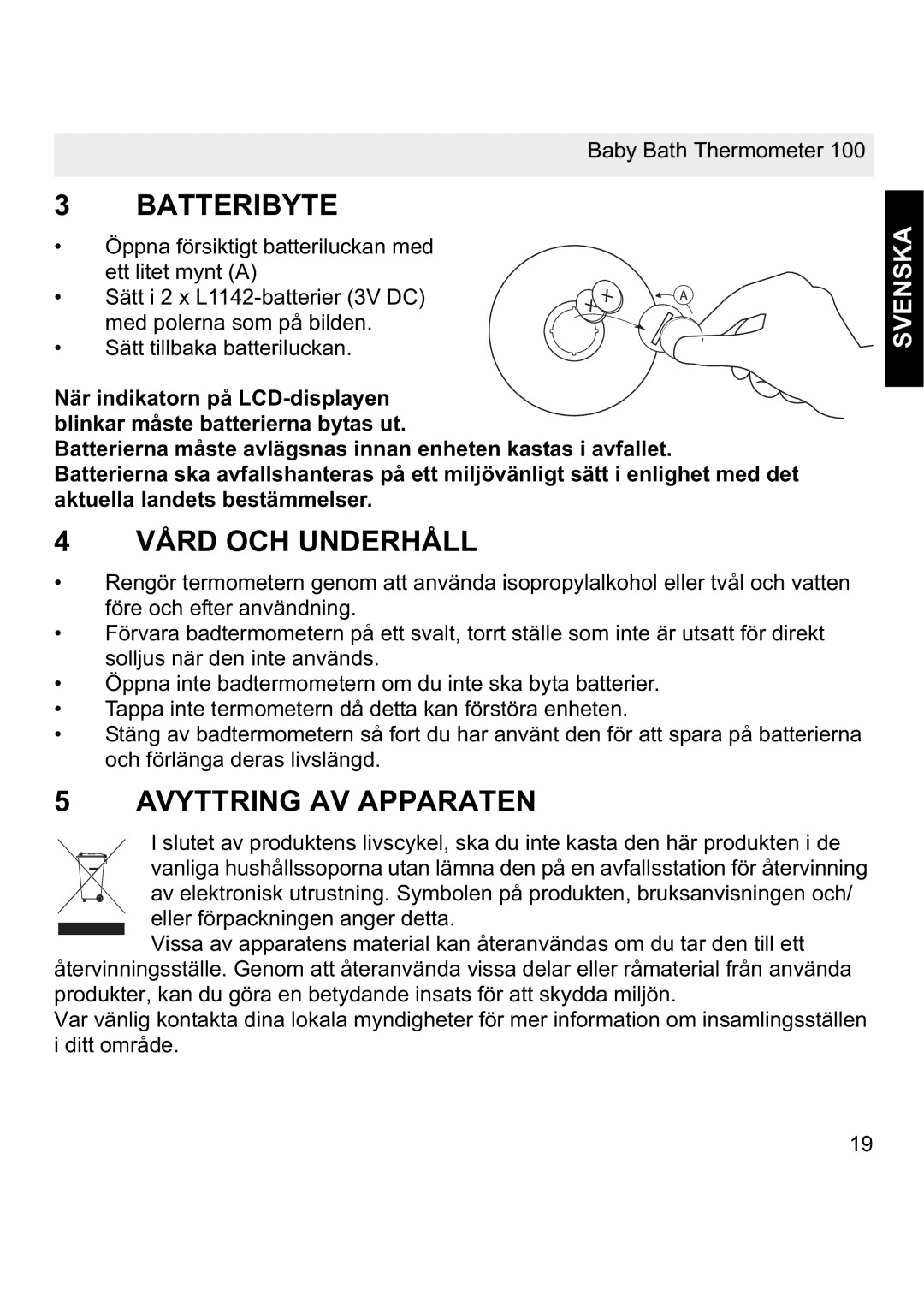 Topcom 100 manual Batteribyte, Vård OCH Underhåll, Avyttring AV Apparaten, Svenska 