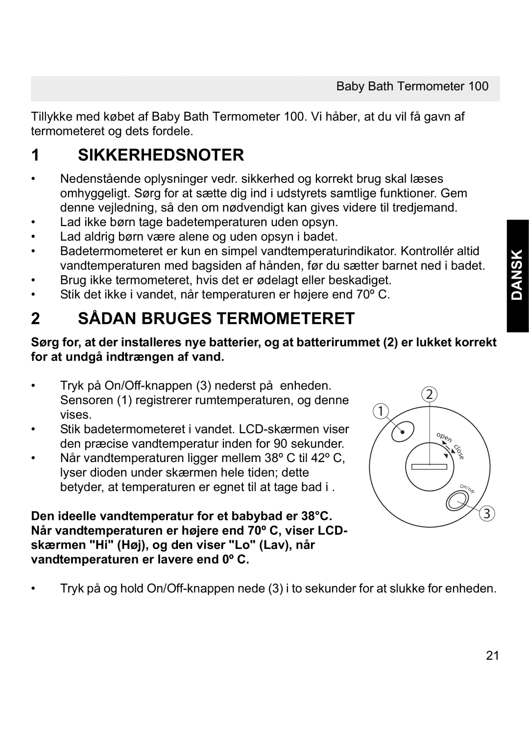 Topcom 100 manual Sikkerhedsnoter, Sådan Bruges Termometeret, Dansk 