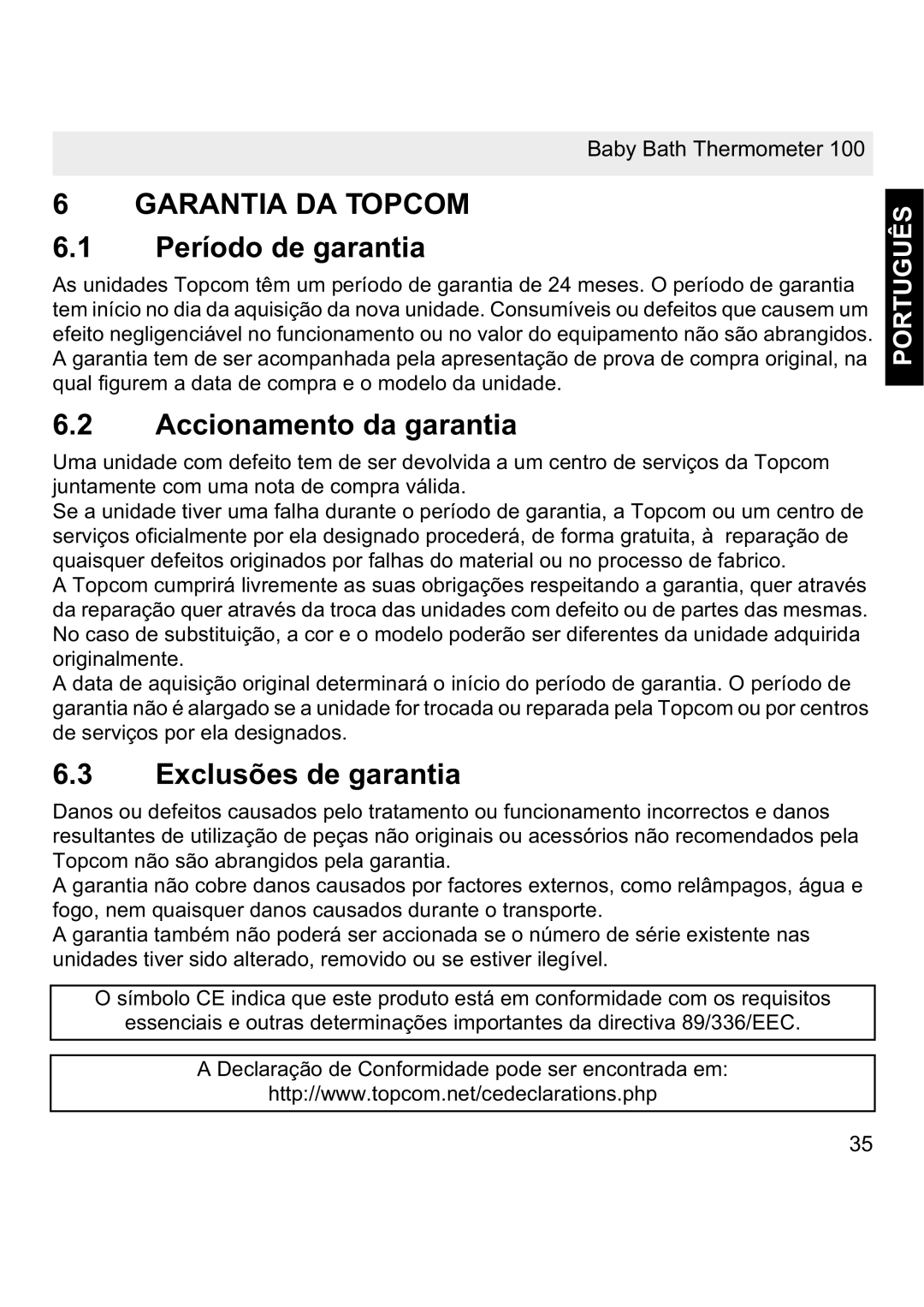 Topcom 100 manual Garantia DA Topcom, Período de garantia, Accionamento da garantia, Exclusões de garantia 