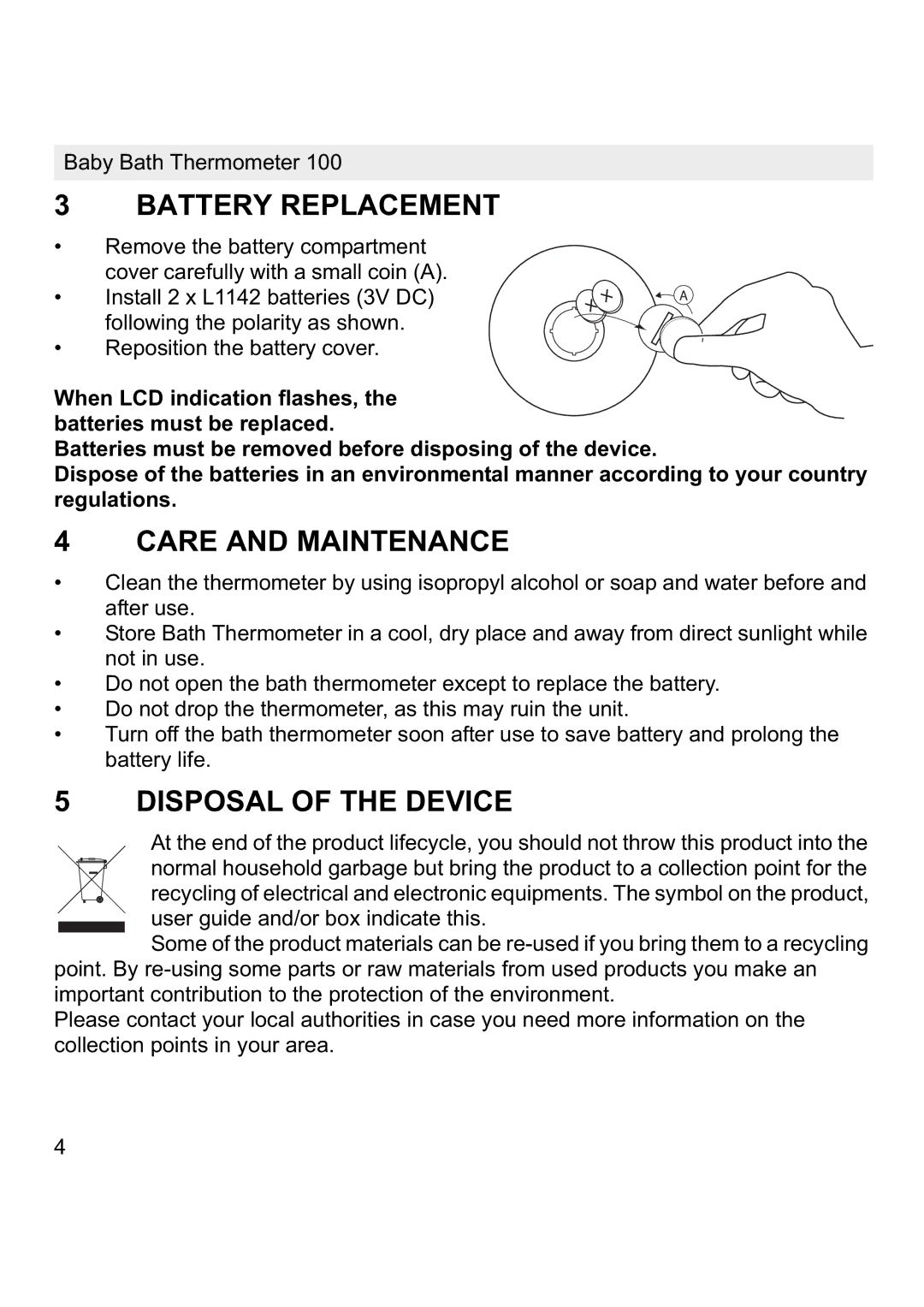 Topcom 100 manual Battery Replacement, Care and Maintenance, Disposal of the Device 