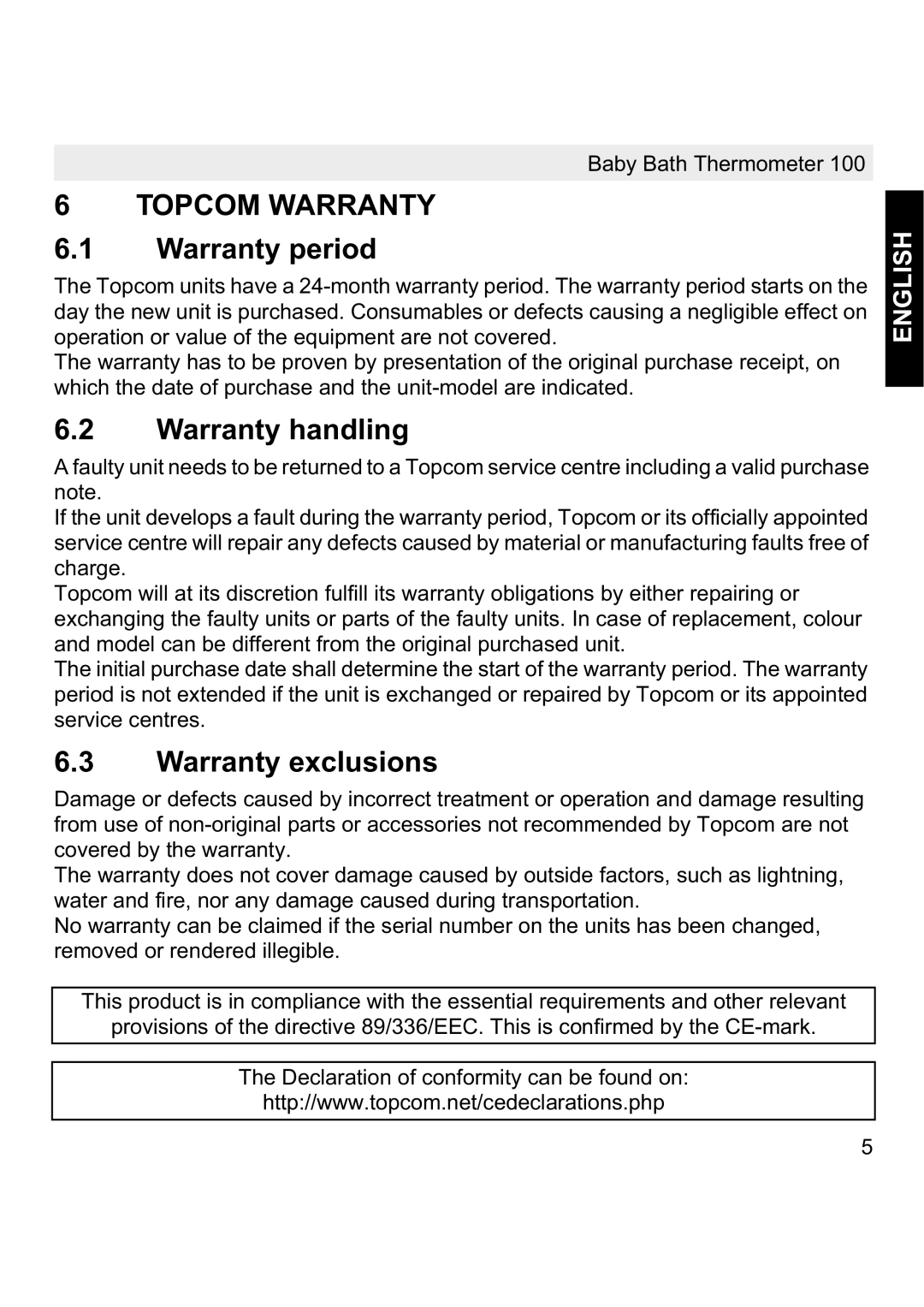 Topcom 100 manual Topcom Warranty, Warranty period, Warranty handling, Warranty exclusions 