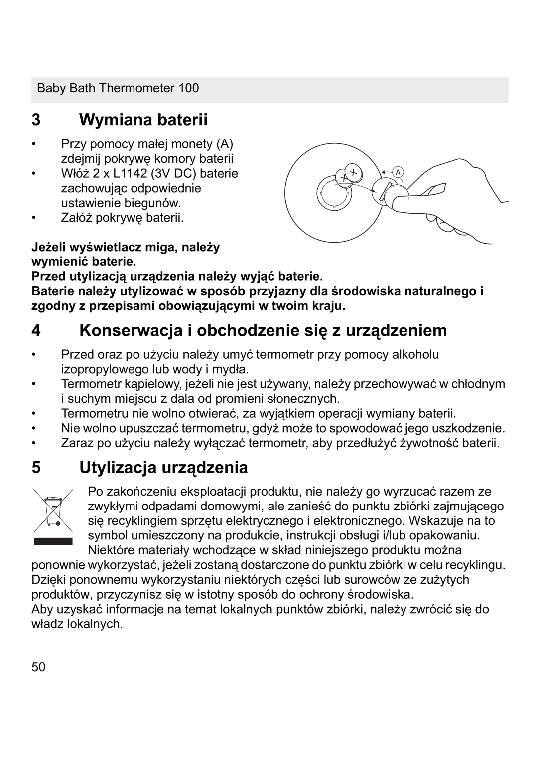 Topcom 100 manual Wymiana baterii, Konserwacja i obchodzenie siĊ z urządzeniem, Utylizacja urządzenia 