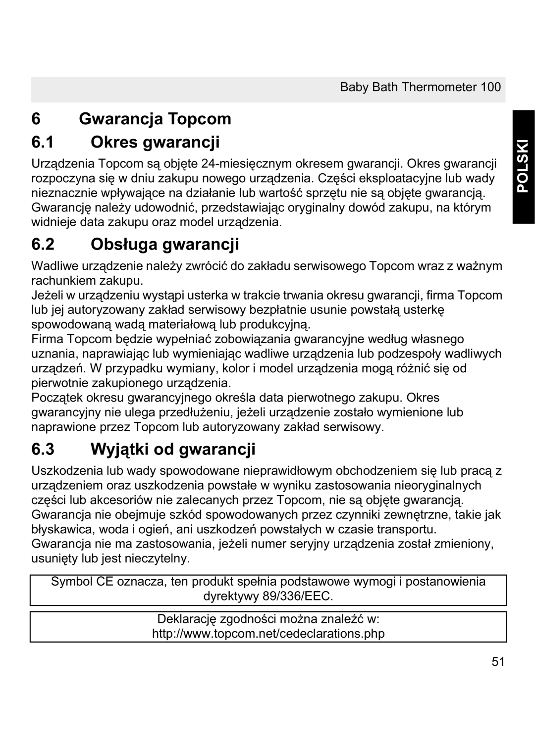 Topcom 100 manual Gwarancja Topcom Okres gwarancji, Obsáuga gwarancji, Wyjątki od gwarancji 