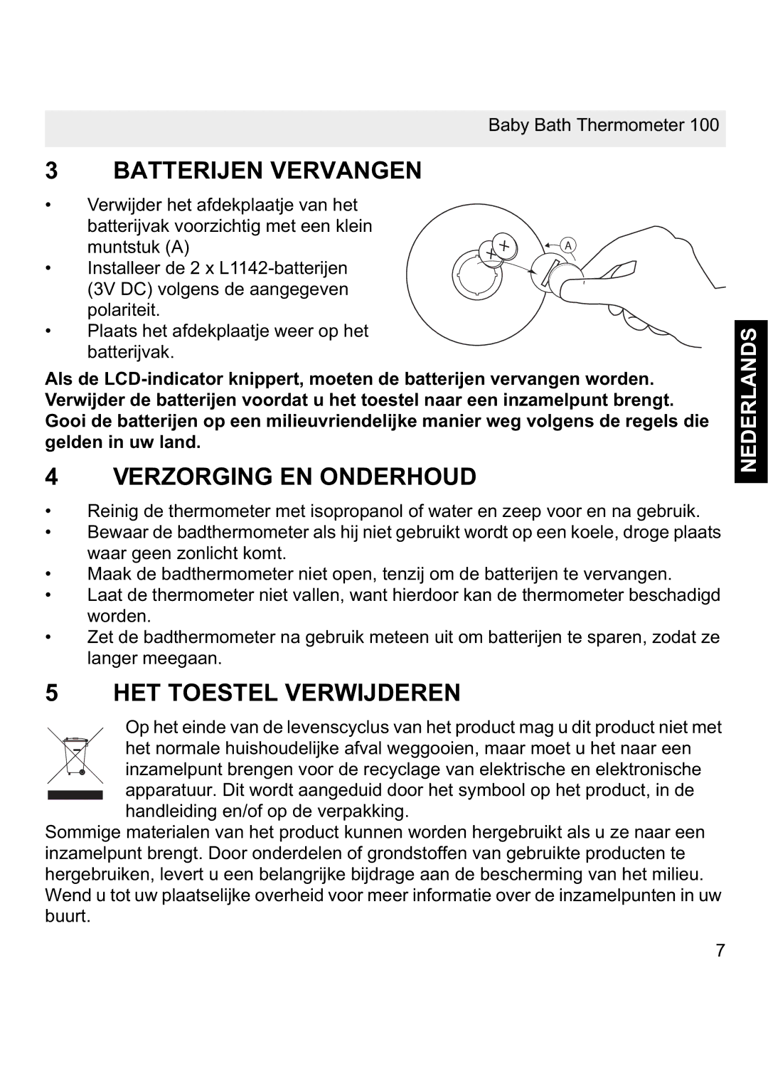 Topcom 100 manual Batterijen Vervangen, Verzorging EN Onderhoud, HET Toestel Verwijderen, Nederlands 