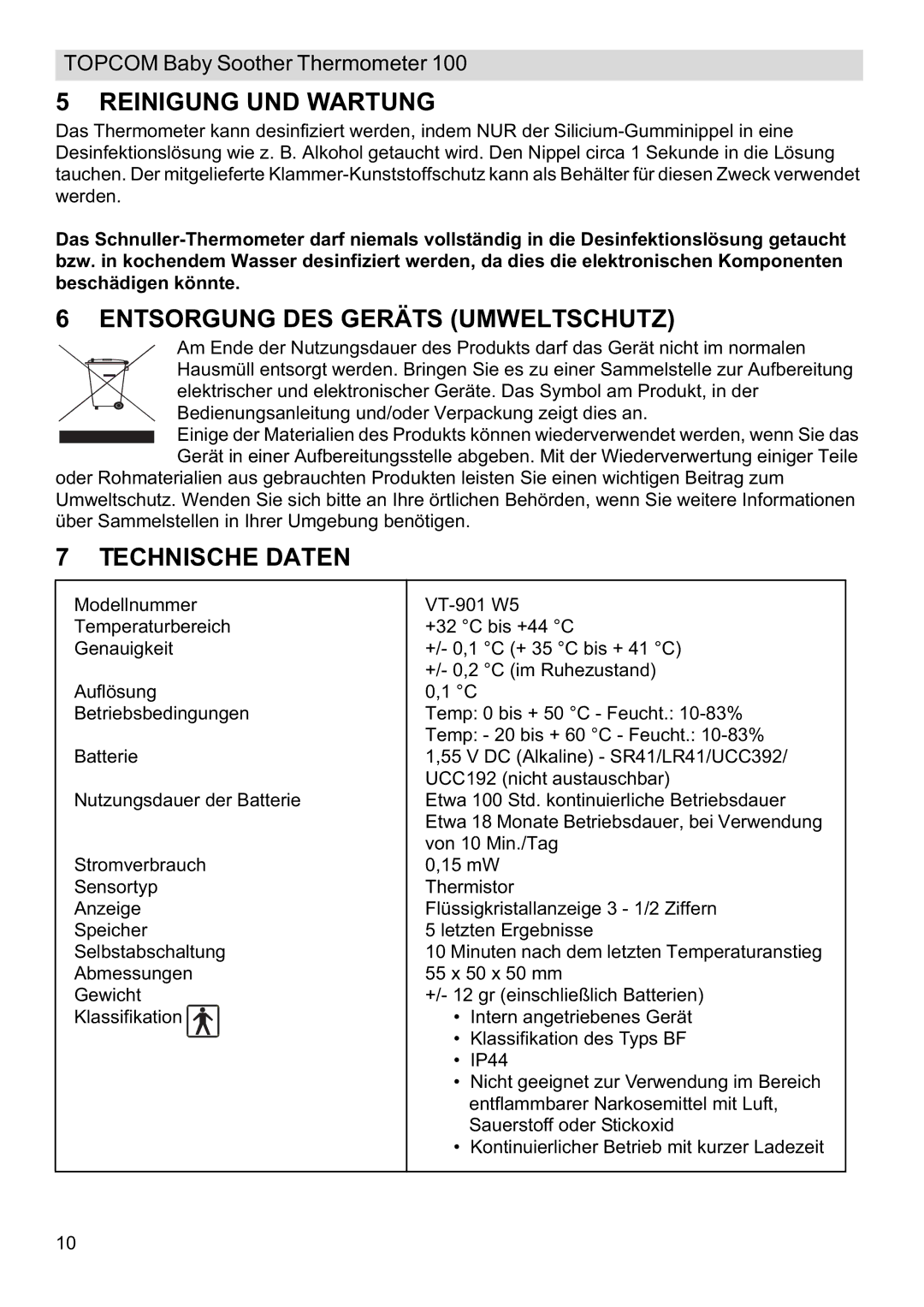 Topcom 100 manual do utilizador Reinigung UND Wartung, Entsorgung DES Geräts Umweltschutz, Technische Daten 