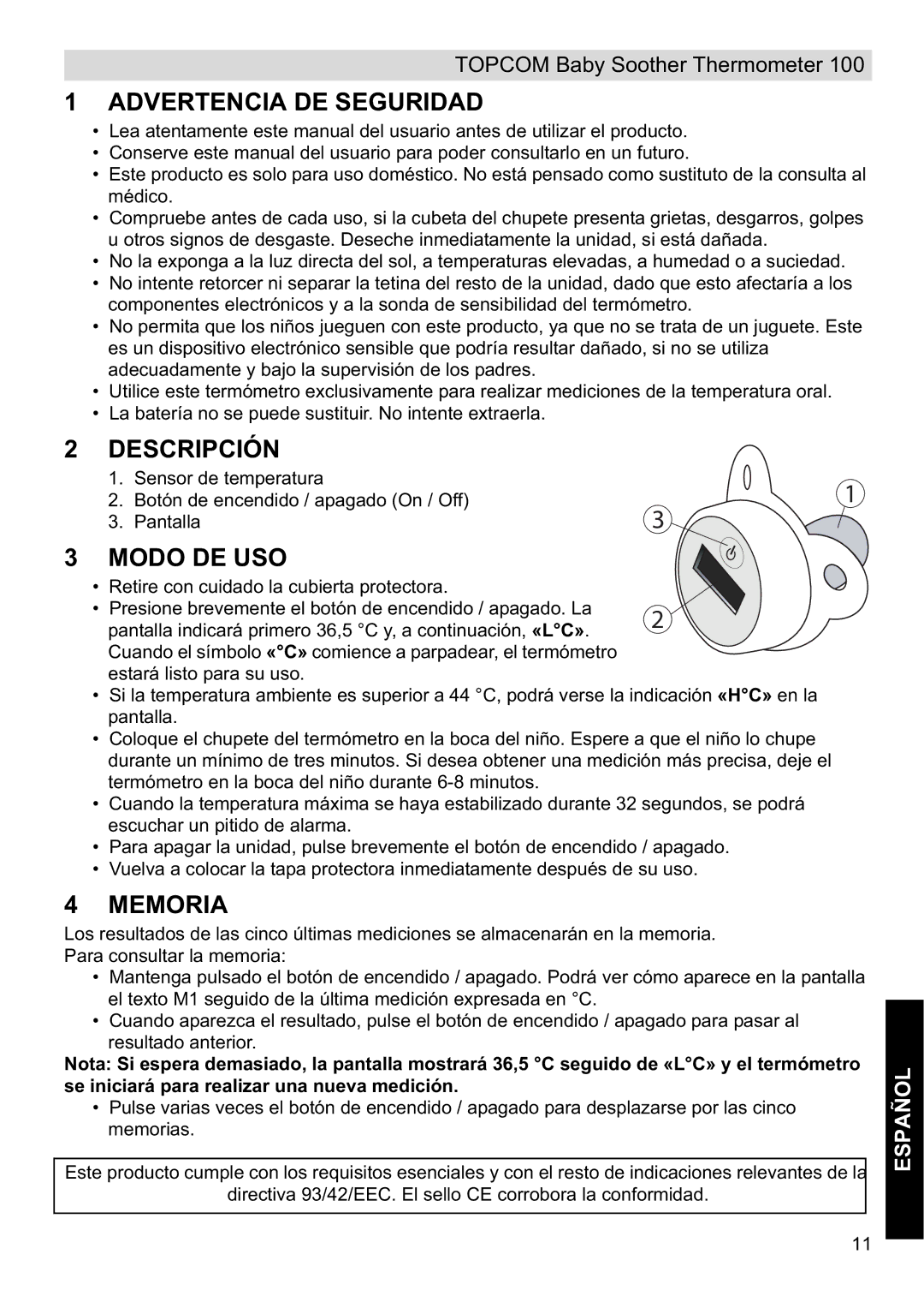 Topcom 100 manual do utilizador Advertencia DE Seguridad, Descripción, Modo DE USO, Memoria 