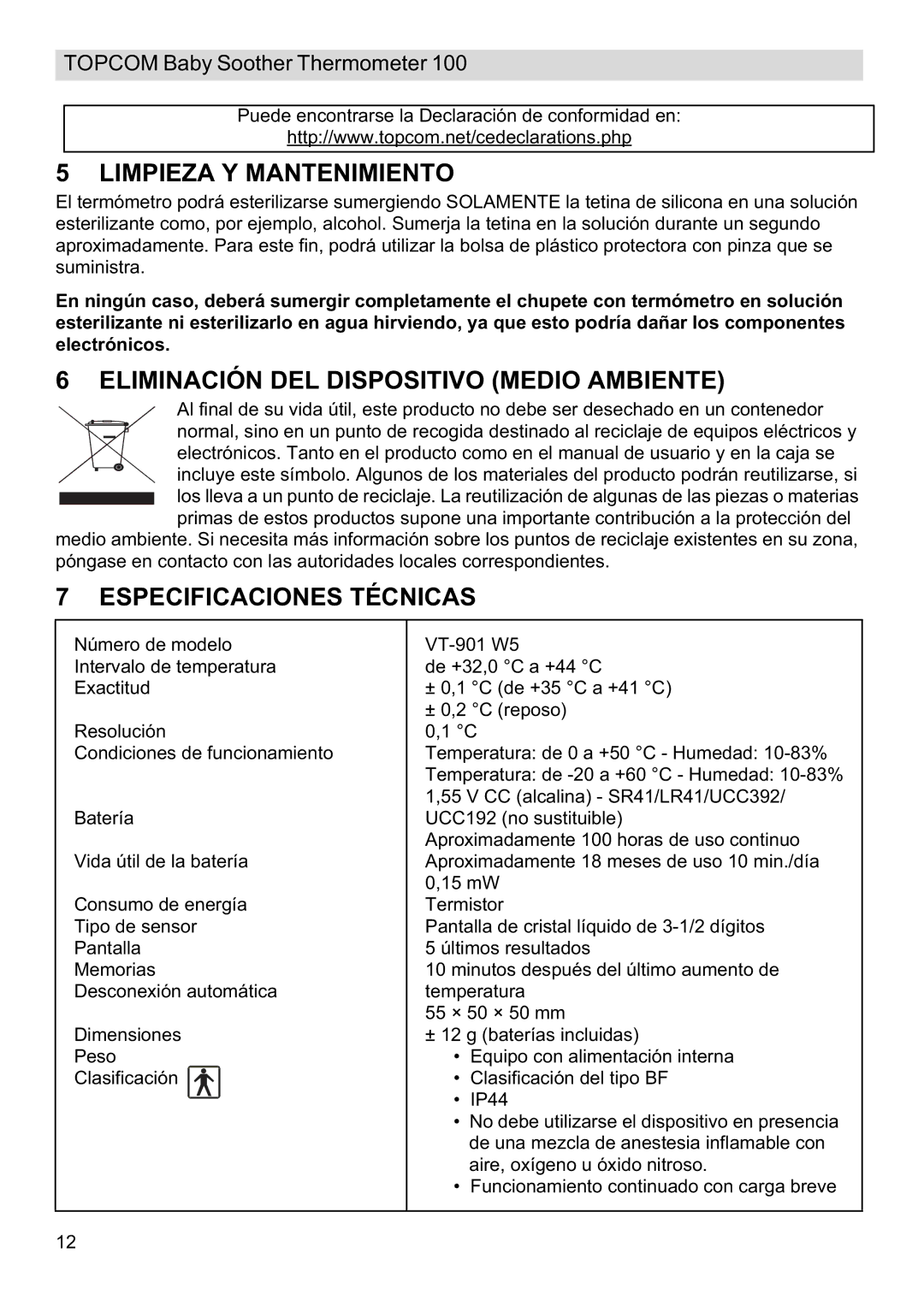 Topcom 100 Limpieza Y Mantenimiento, Eliminación DEL Dispositivo Medio Ambiente, Especificaciones Técnicas 