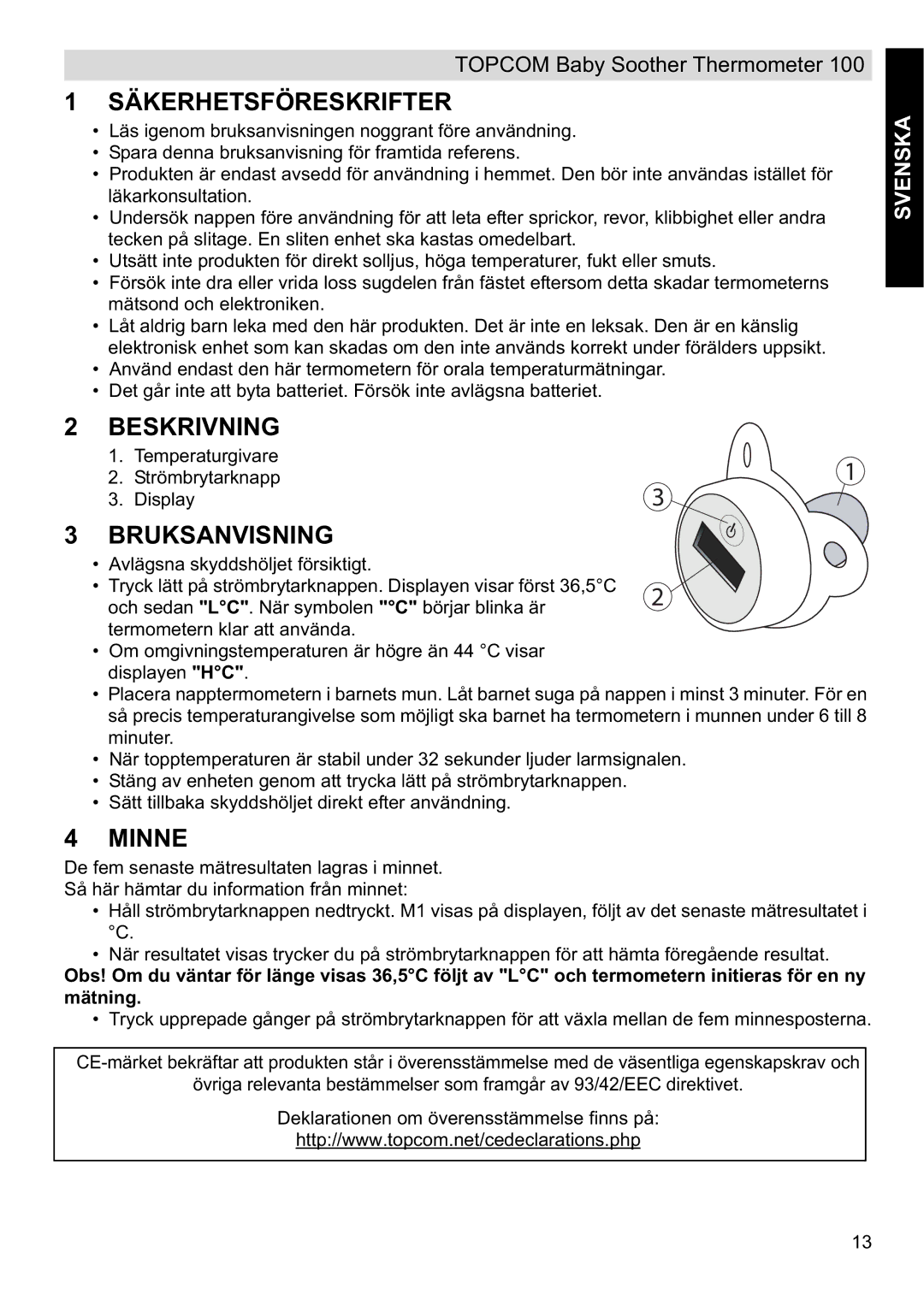 Topcom 100 manual do utilizador Säkerhetsföreskrifter, Beskrivning, Bruksanvisning, Minne 