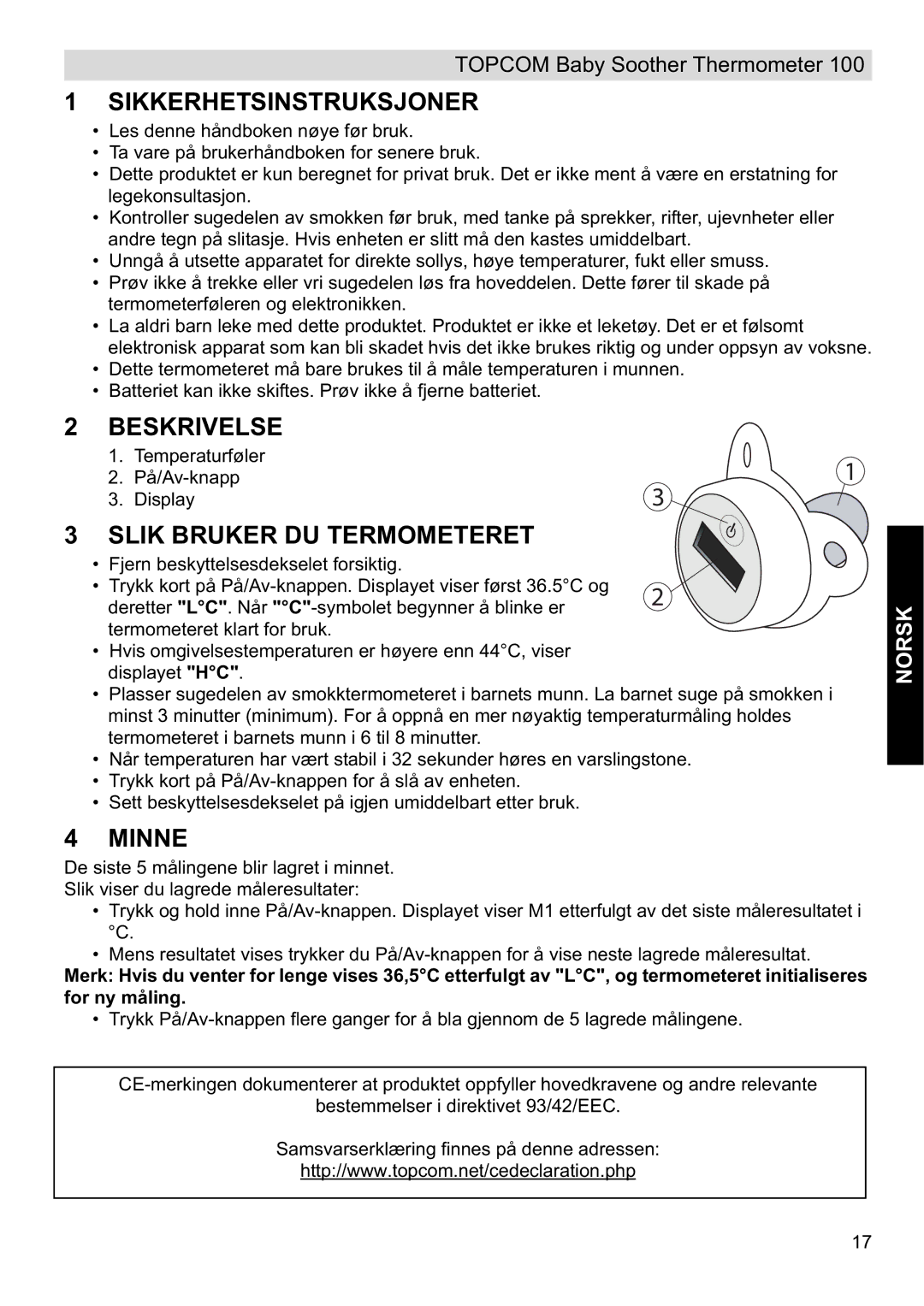 Topcom 100 manual do utilizador Sikkerhetsinstruksjoner, Slik Bruker DU Termometeret 