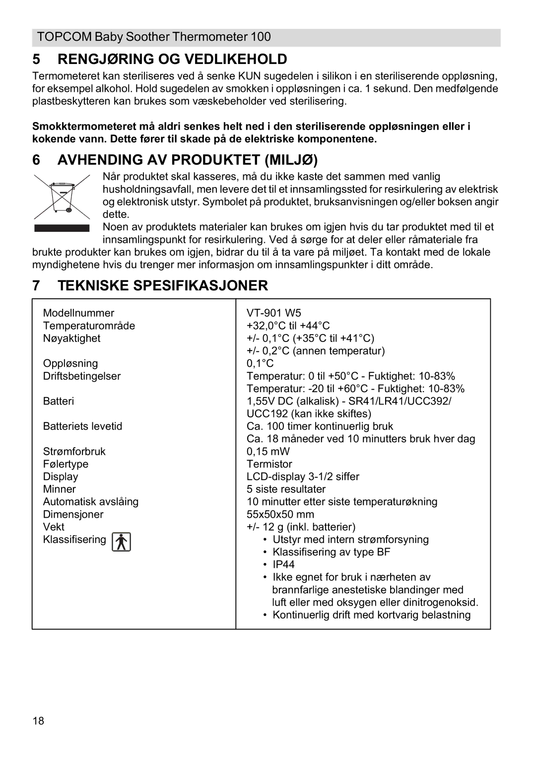 Topcom 100 manual do utilizador Rengjøring OG Vedlikehold, Avhending AV Produktet Miljø, Tekniske Spesifikasjoner 