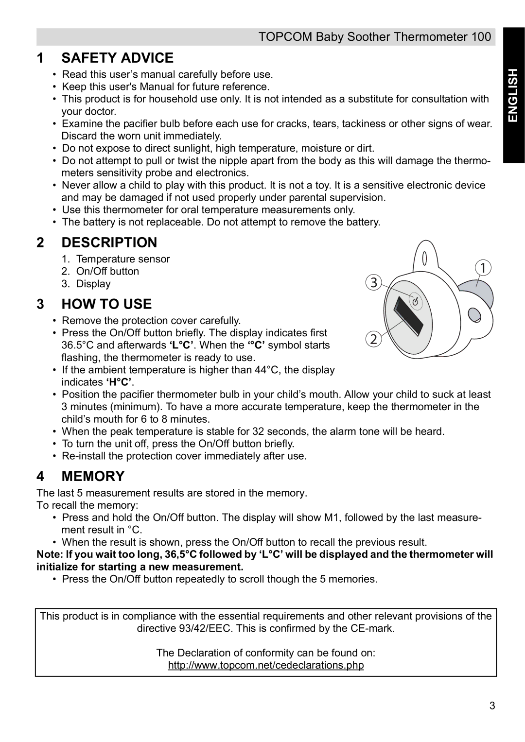 Topcom 100 manual do utilizador Safety Advice, Description, HOW to USE, Memory 