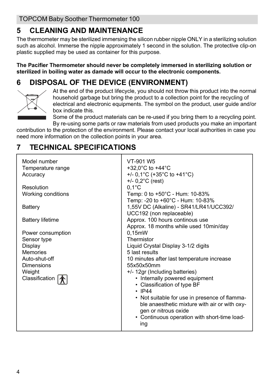 Topcom 100 manual do utilizador Cleaning and Maintenance, Disposal of the Device Environment, Technical Specifications 