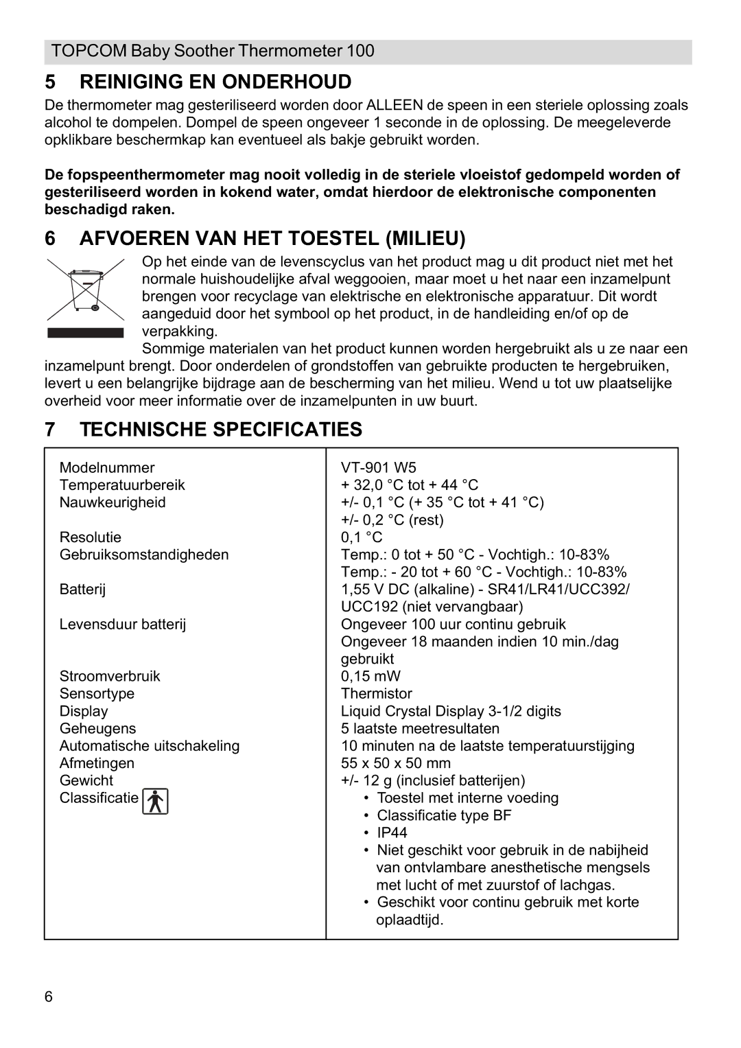 Topcom 100 manual do utilizador Reiniging EN Onderhoud, Afvoeren VAN HET Toestel Milieu, Technische Specificaties 