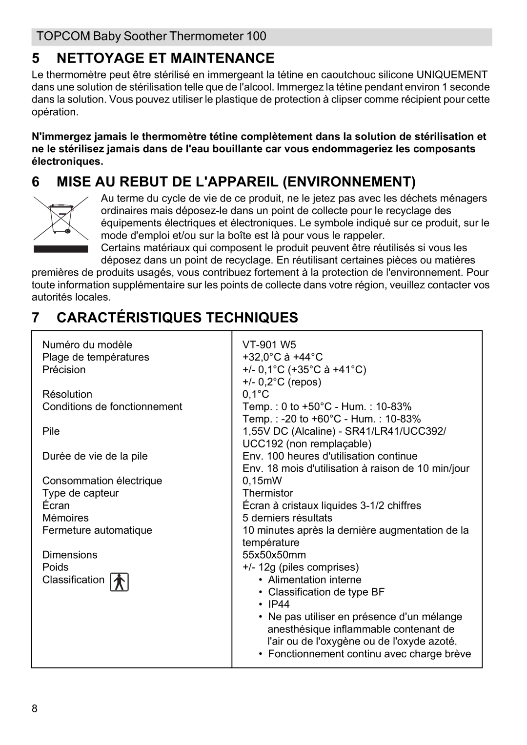 Topcom 100 Nettoyage ET Maintenance, Mise AU Rebut DE Lappareil Environnement, Caractéristiques Techniques 