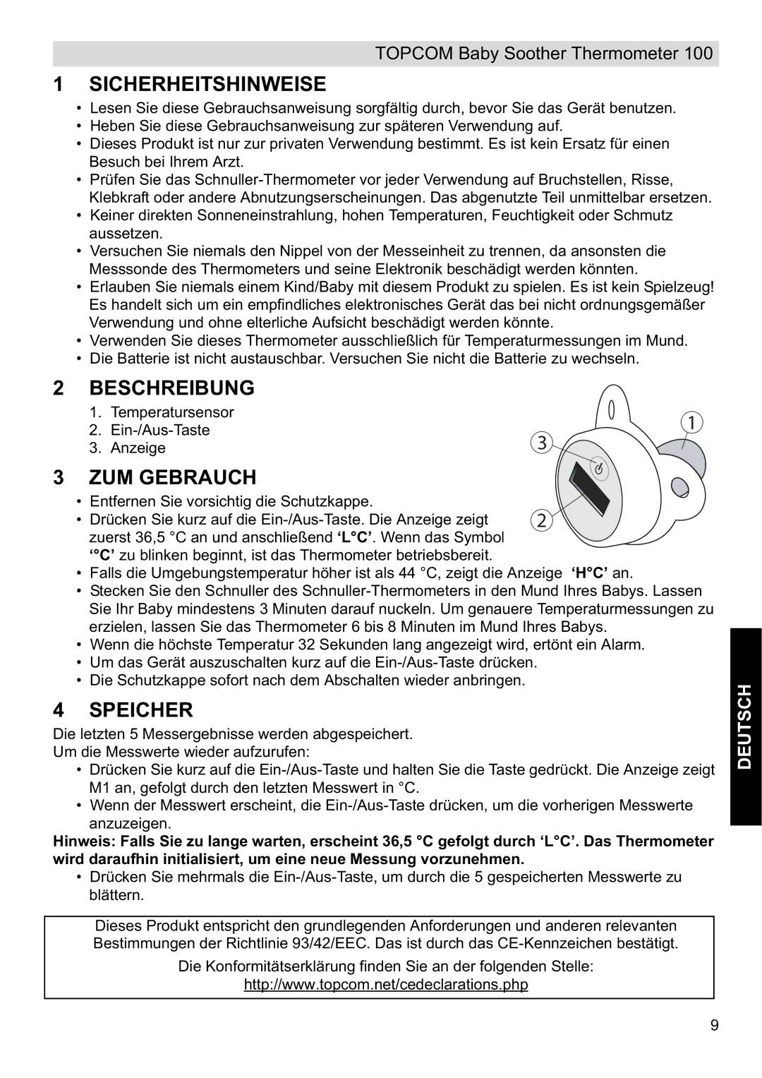 Topcom 100 manual do utilizador Sicherheitshinweise, Beschreibung, ZUM Gebrauch, Speicher 