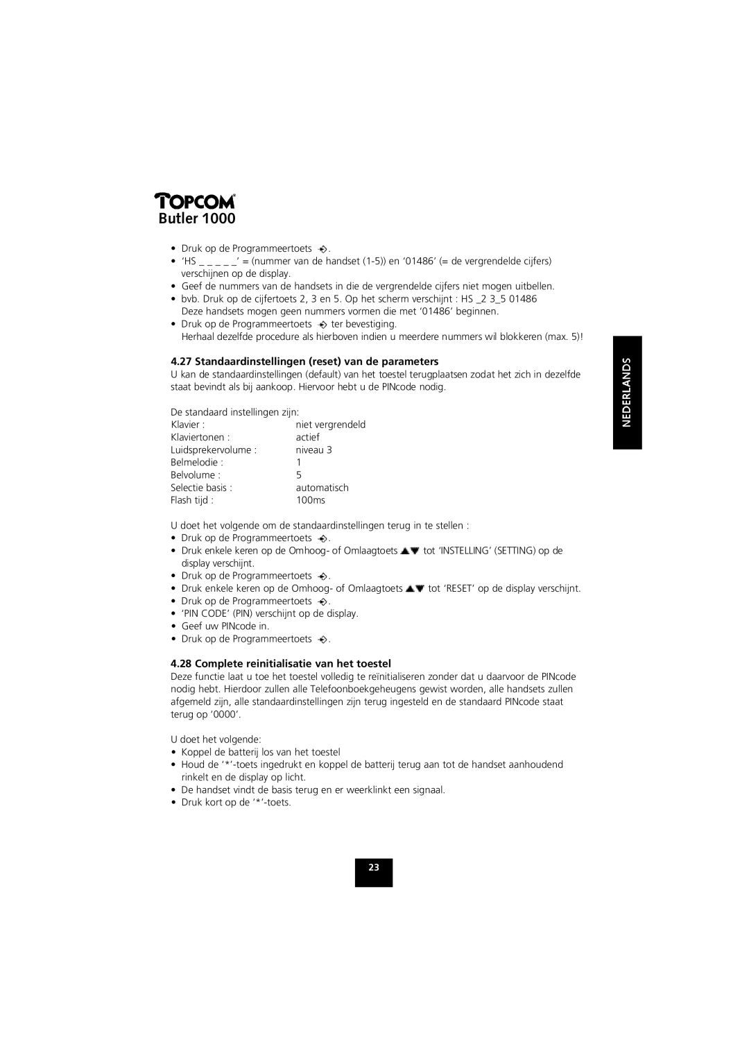 Topcom 1000 manual Standaardinstellingen reset van de parameters, Complete reinitialisatie van het toestel 