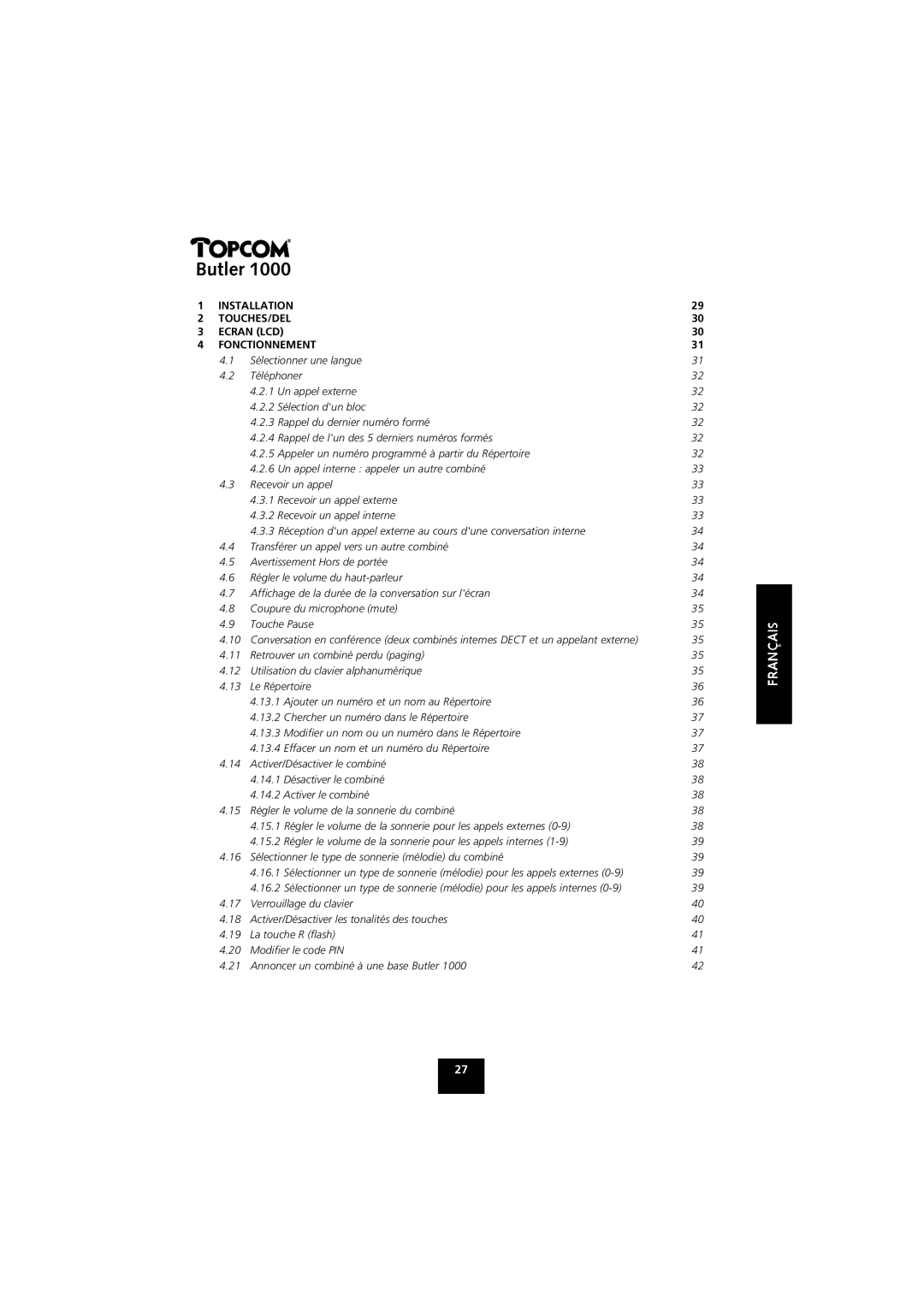 Topcom 1000 manual Installation TOUCHES/DEL Ecran LCD Fonctionnement 