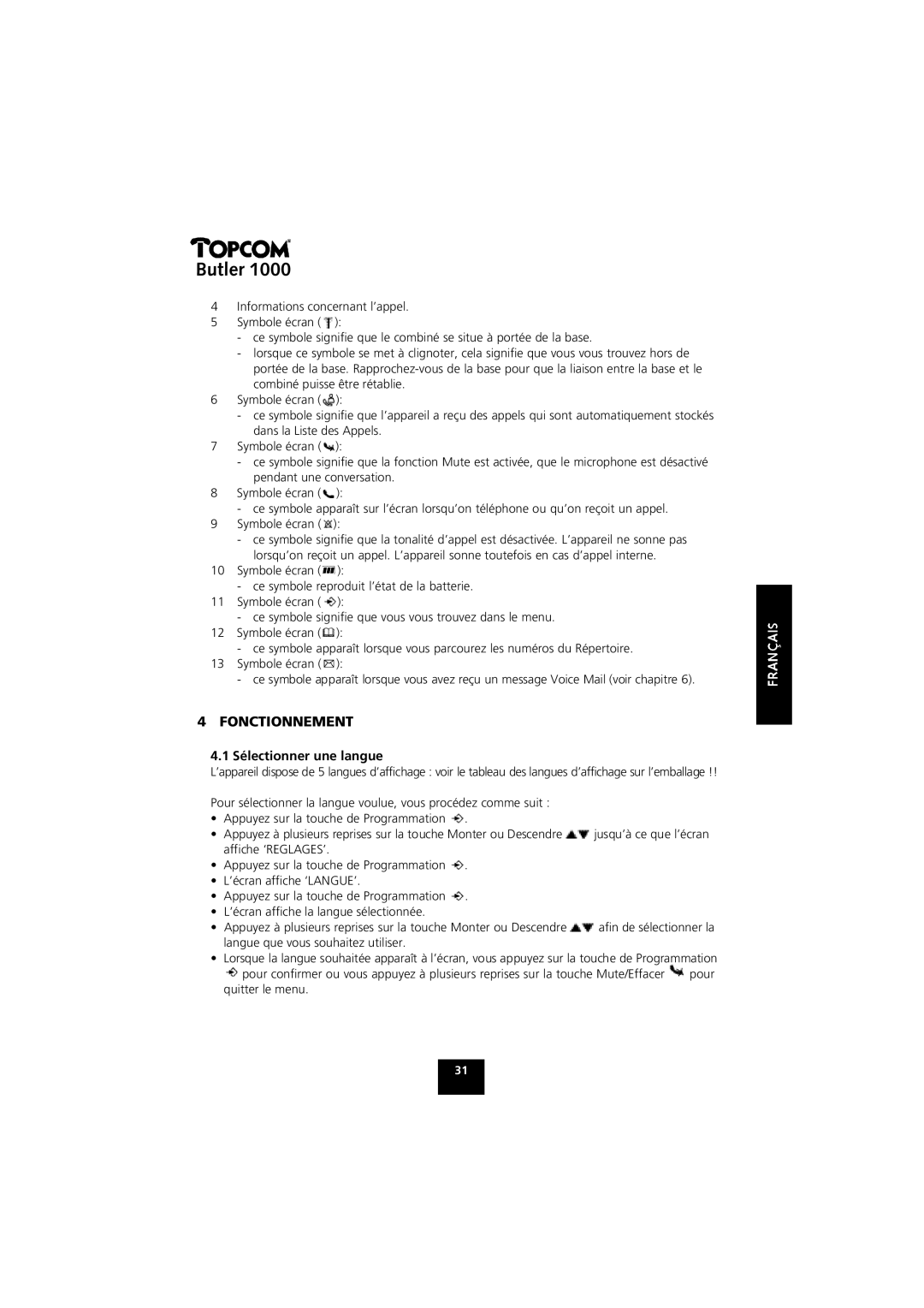 Topcom 1000 manual Fonctionnement, Sélectionner une langue 