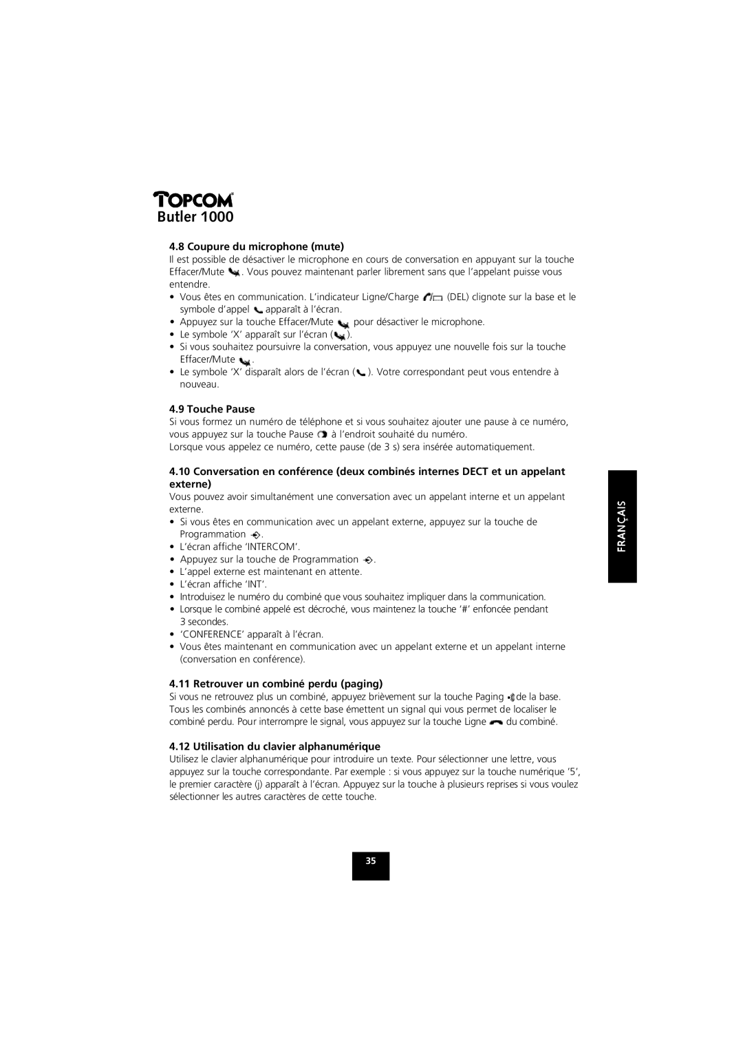 Topcom 1000 manual Coupure du microphone mute, Touche Pause, Retrouver un combiné perdu paging 