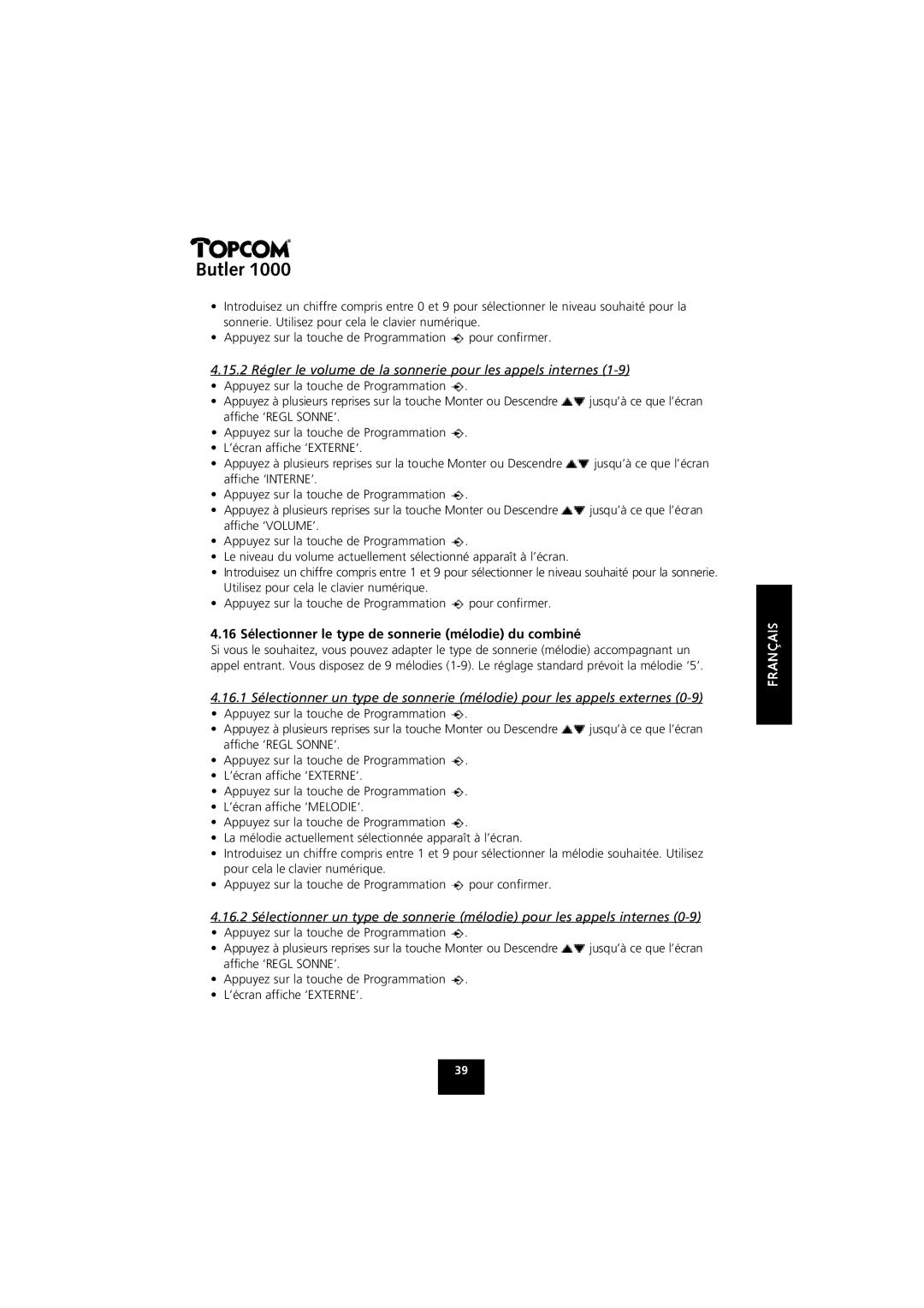 Topcom 1000 manual 16 Sélectionner le type de sonnerie mélodie du combiné 