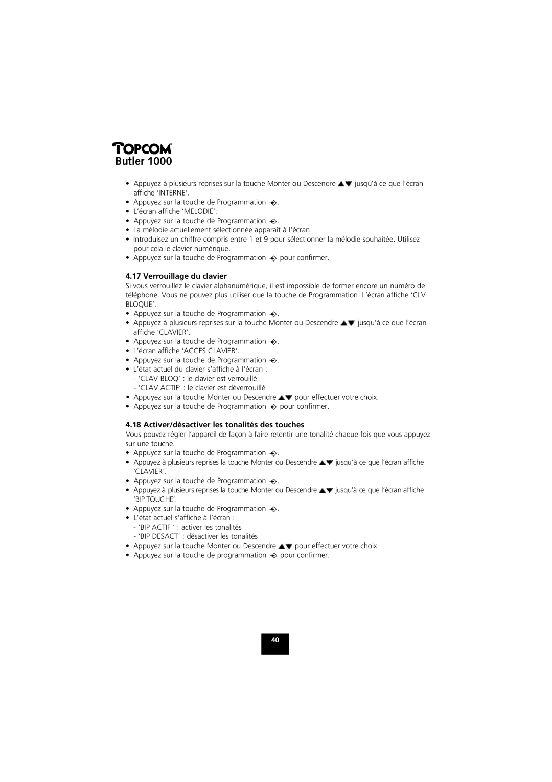 Topcom 1000 manual Verrouillage du clavier, Activer/désactiver les tonalités des touches 