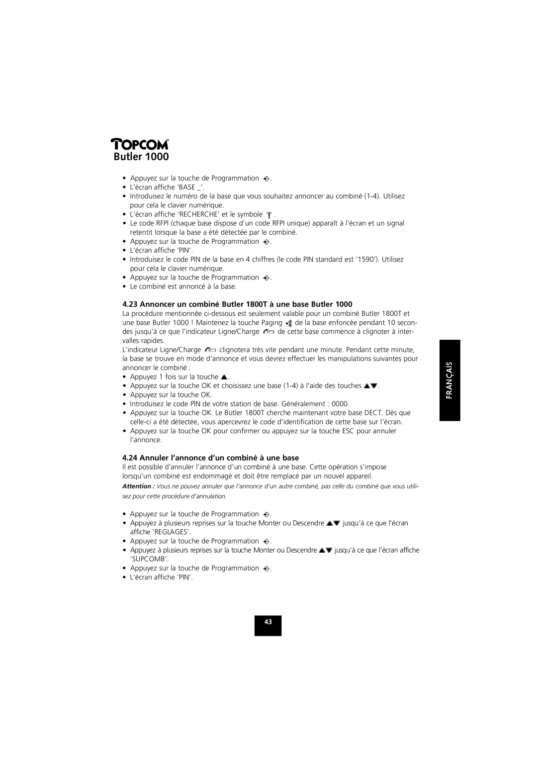 Topcom 1000 manual Annoncer un combiné Butler 1800T à une base Butler, Annuler l’annonce d’un combiné à une base 