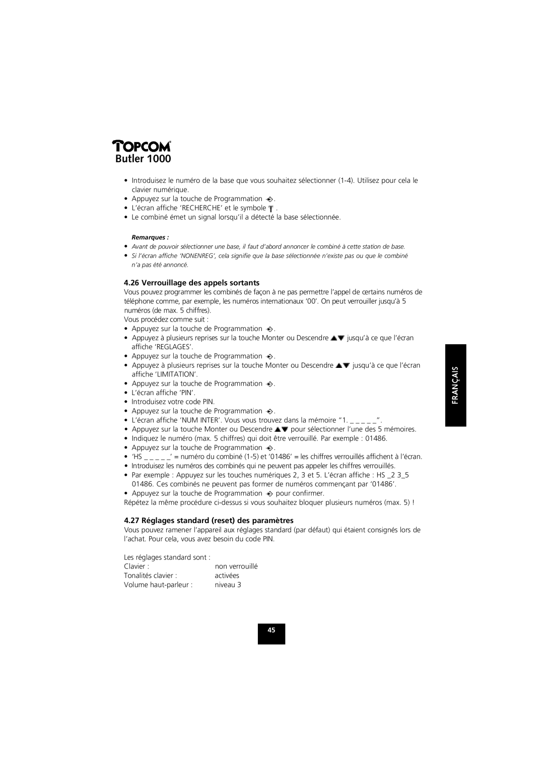 Topcom 1000 manual Verrouillage des appels sortants, 27 Réglages standard reset des paramètres 