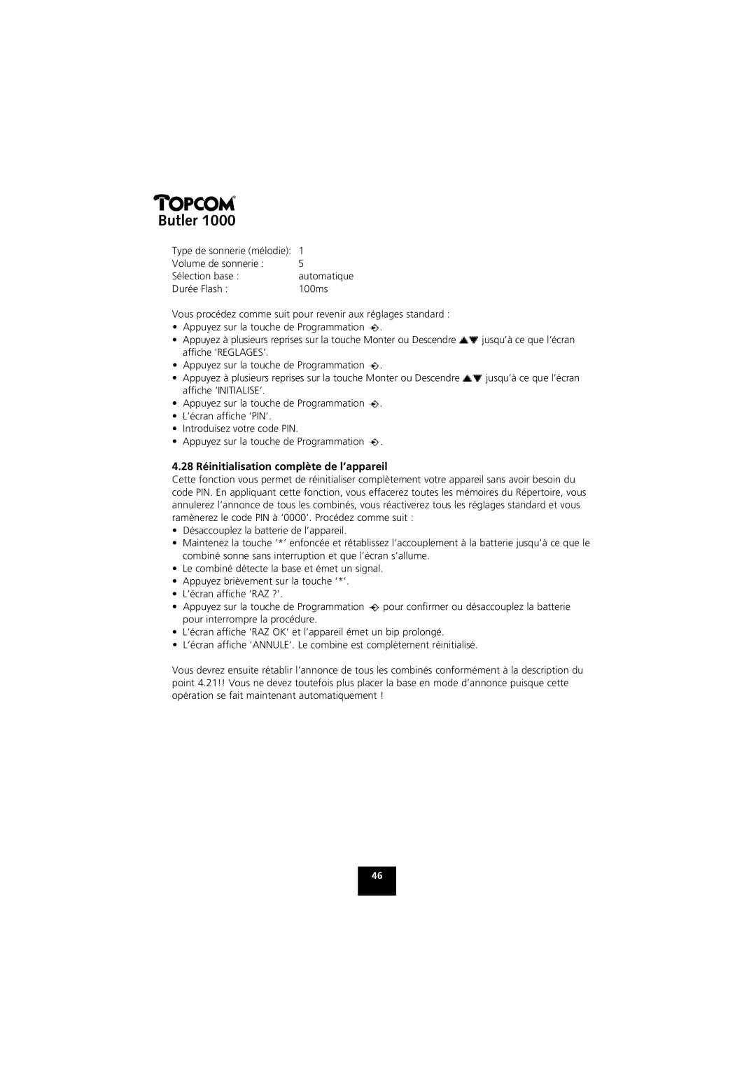 Topcom 1000 manual 28 Réinitialisation complète de l’appareil 