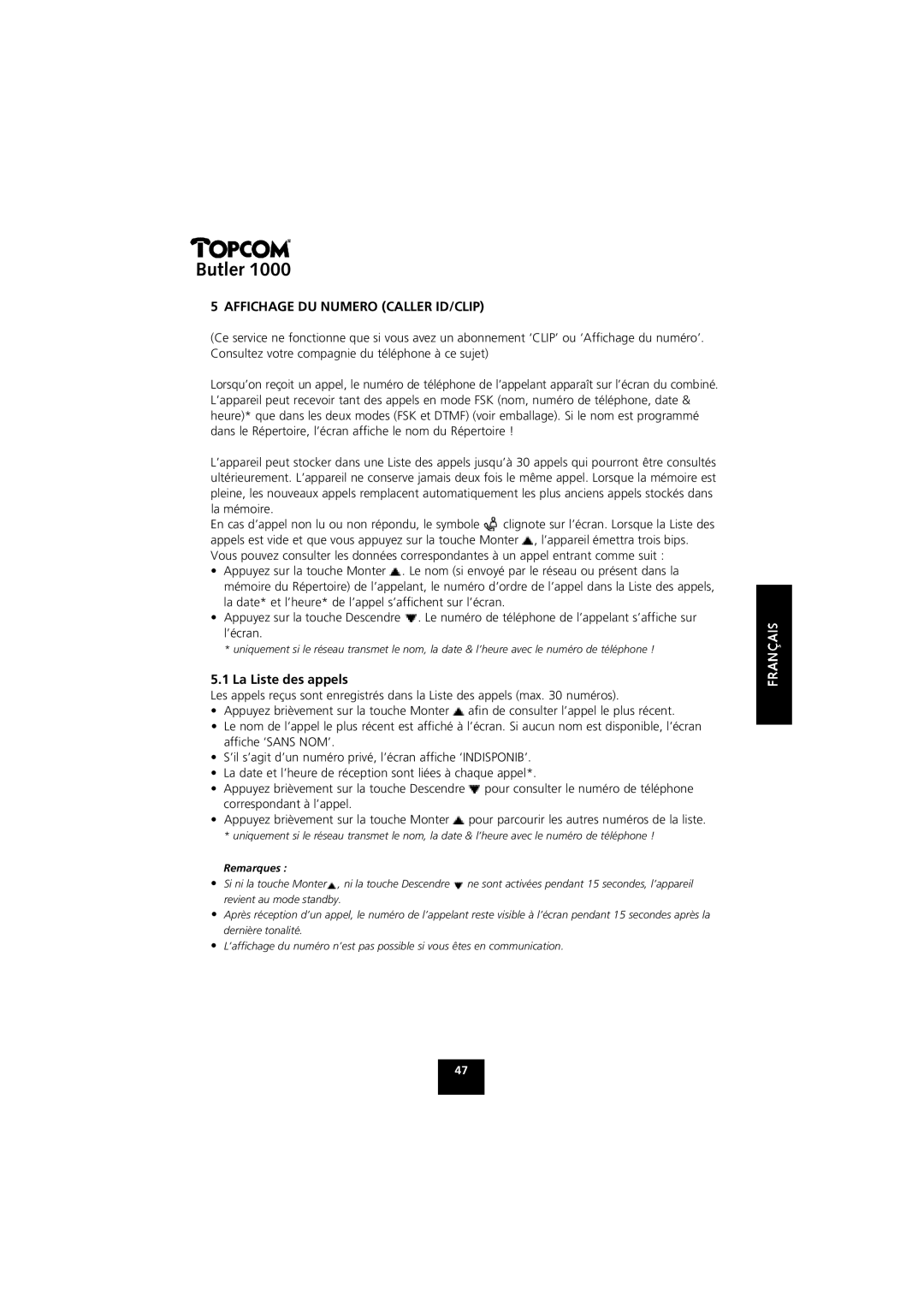 Topcom 1000 manual Affichage DU Numero Caller ID/CLIP, La Liste des appels 