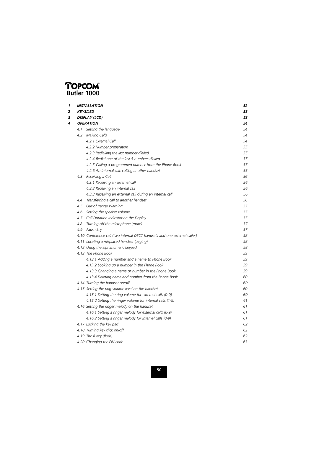 Topcom 1000 manual Installation KEYS/LED Display LCD Operation 