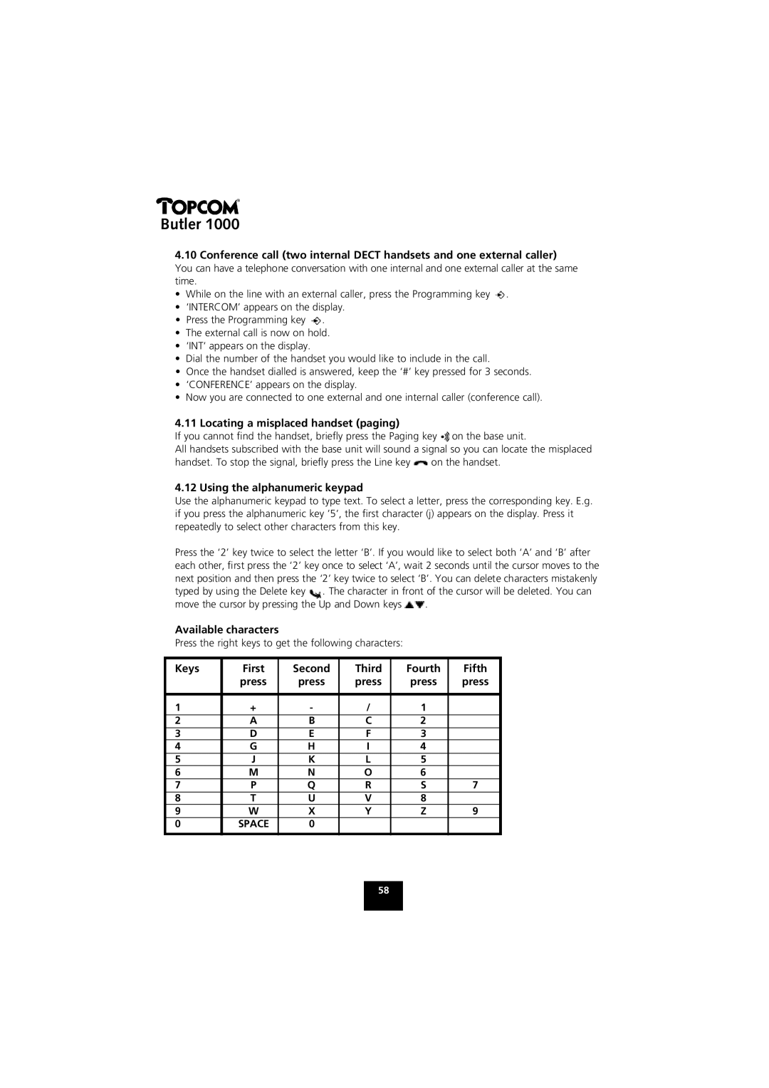 Topcom 1000 manual Locating a misplaced handset paging, Using the alphanumeric keypad, Available characters 