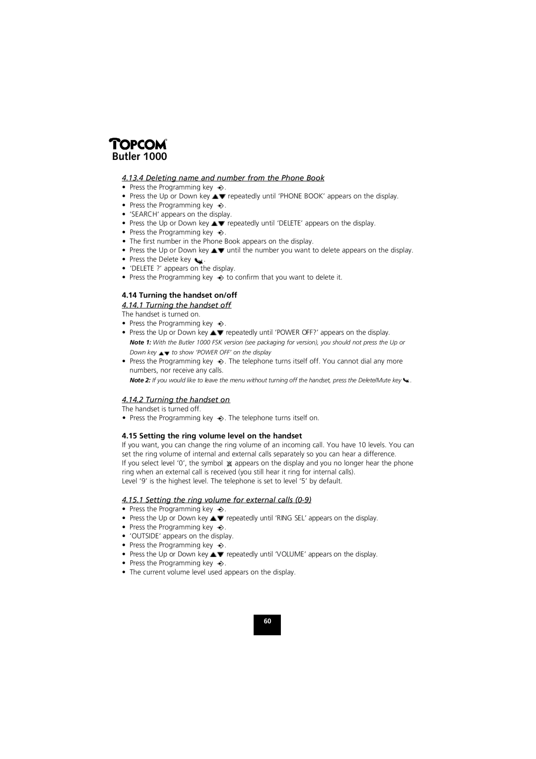 Topcom 1000 manual Turning the handset on/off, Setting the ring volume level on the handset 