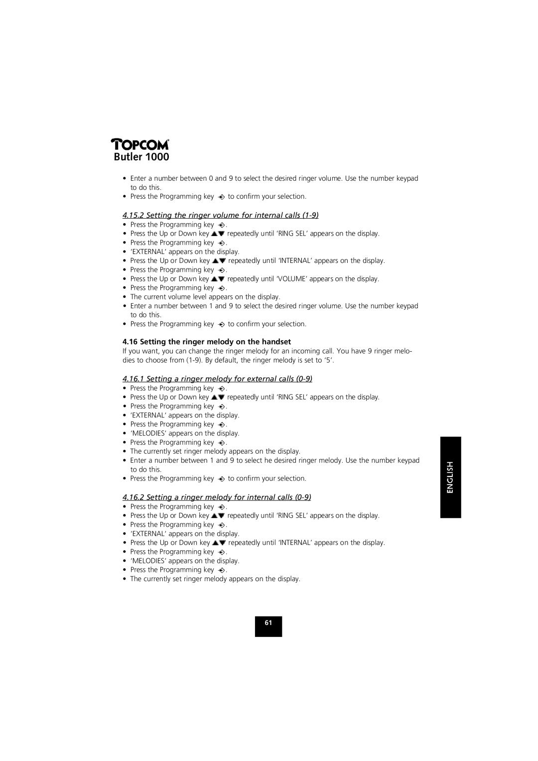 Topcom 1000 manual Setting the ringer volume for internal calls, Setting the ringer melody on the handset 