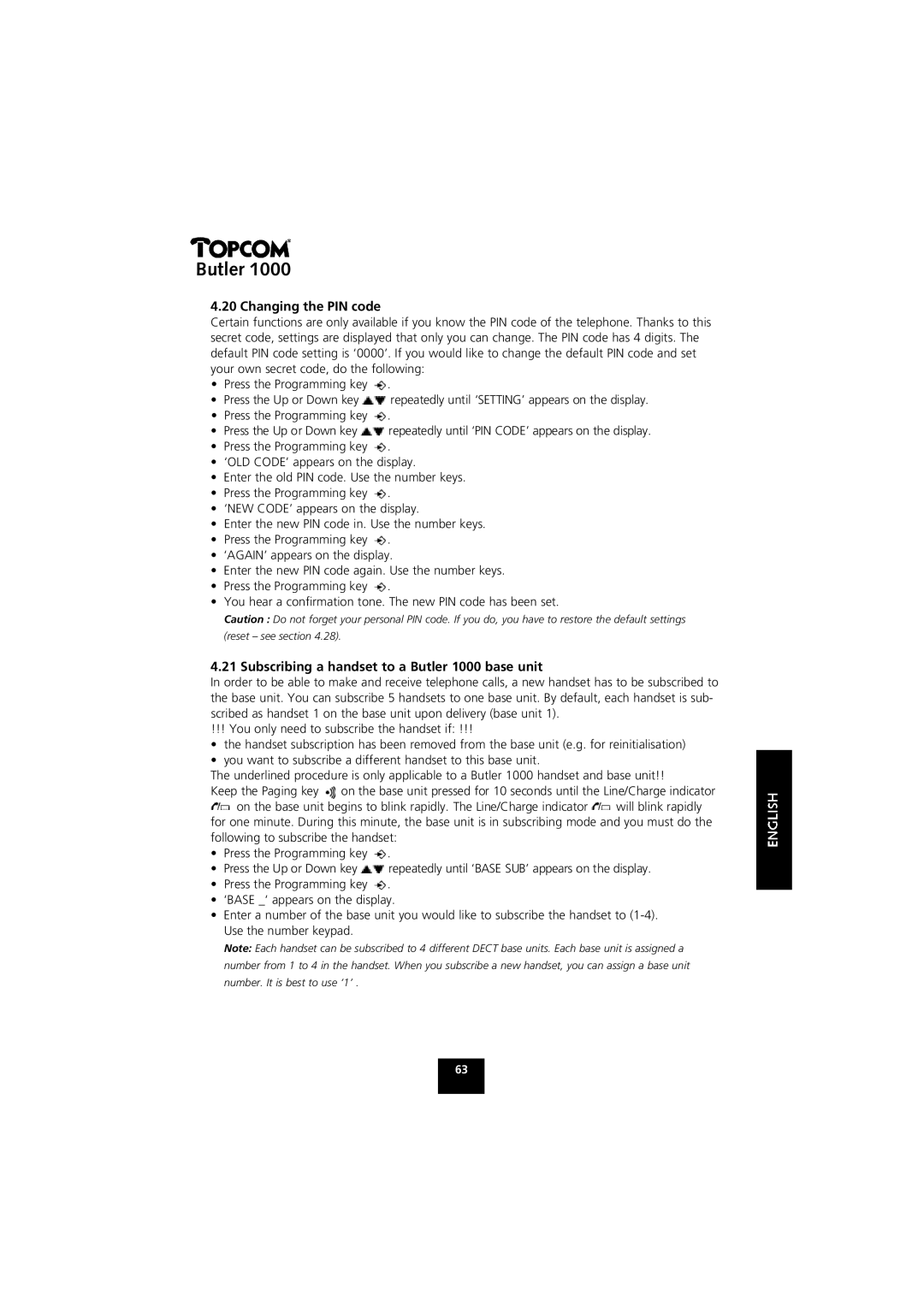 Topcom manual Changing the PIN code, Subscribing a handset to a Butler 1000 base unit 