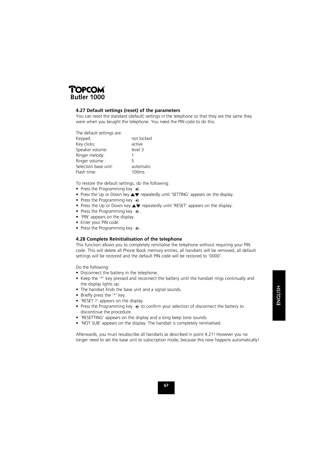 Topcom 1000 manual Default settings reset of the parameters, Complete Reinitialisation of the telephone 