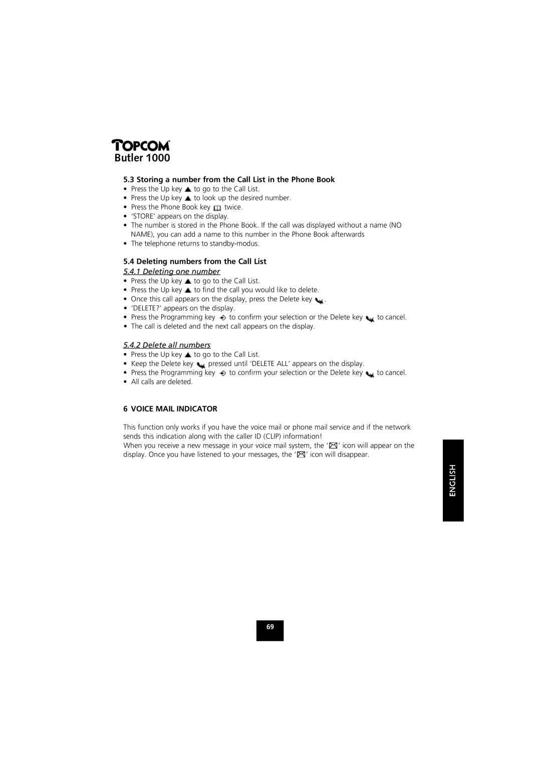 Topcom 1000 Storing a number from the Call List in the Phone Book, Deleting numbers from the Call List, Delete all numbers 