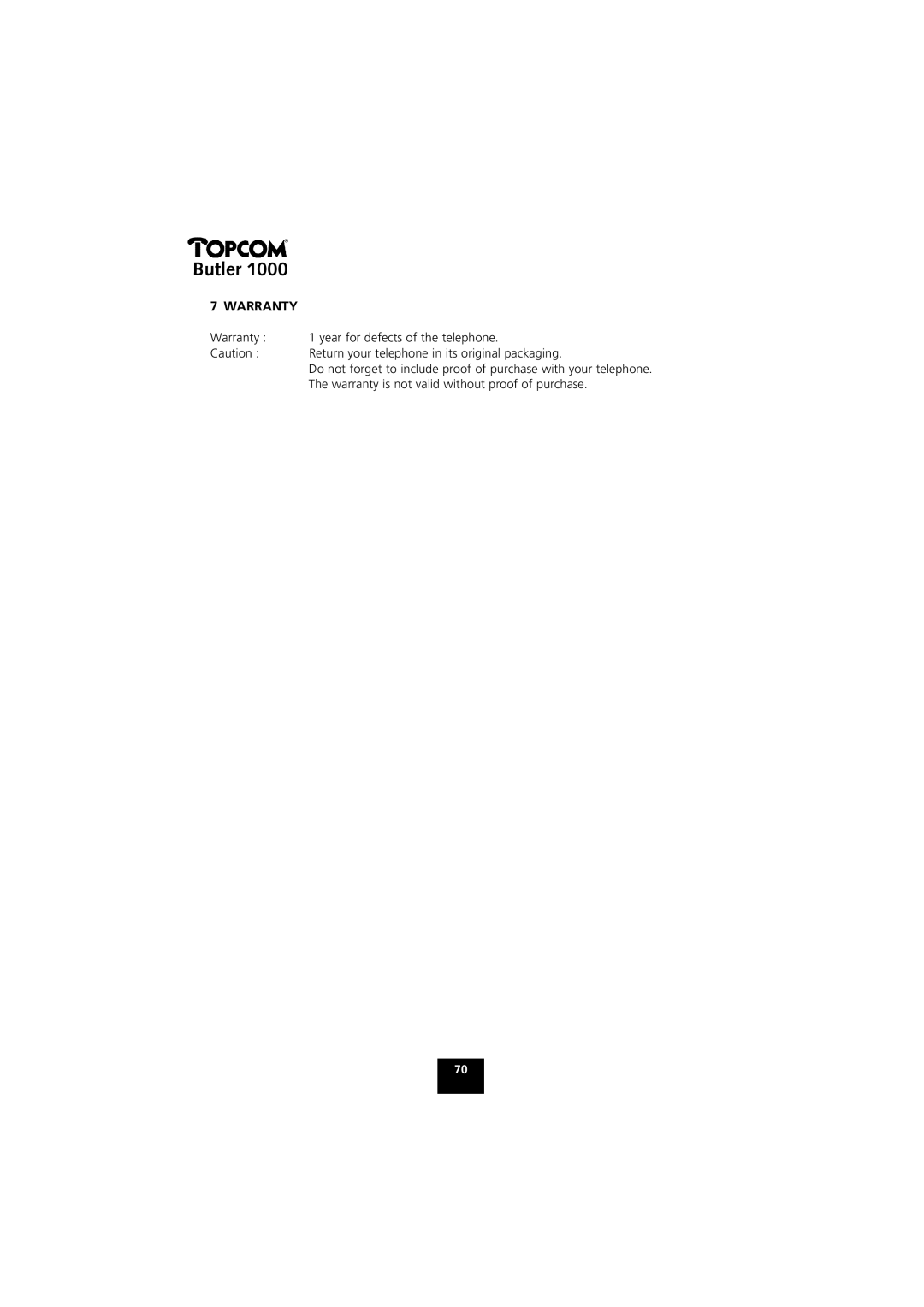 Topcom 1000 manual Warranty 