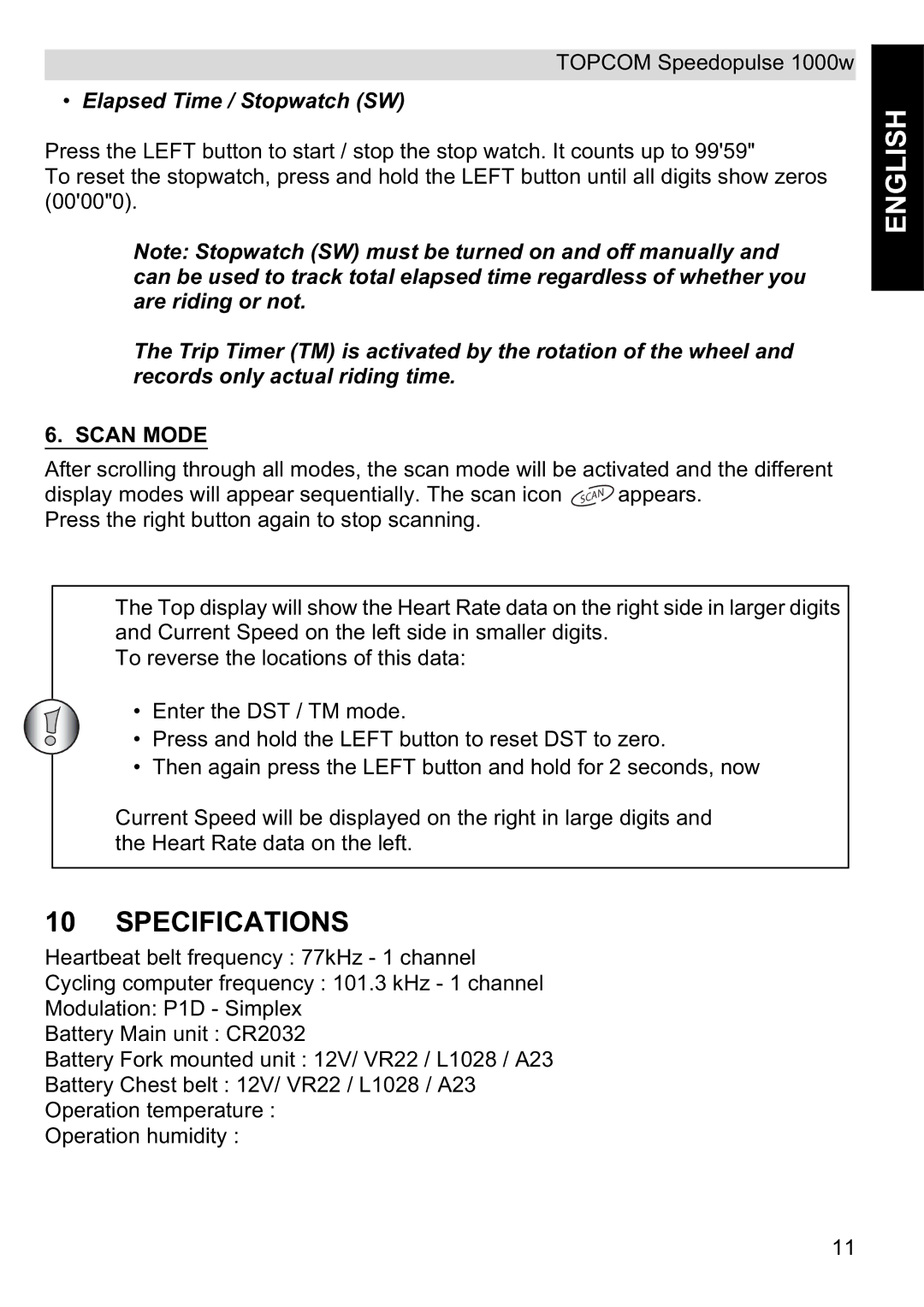 Topcom 1000W manual Specifications, Elapsed Time / Stopwatch SW, Scan Mode 