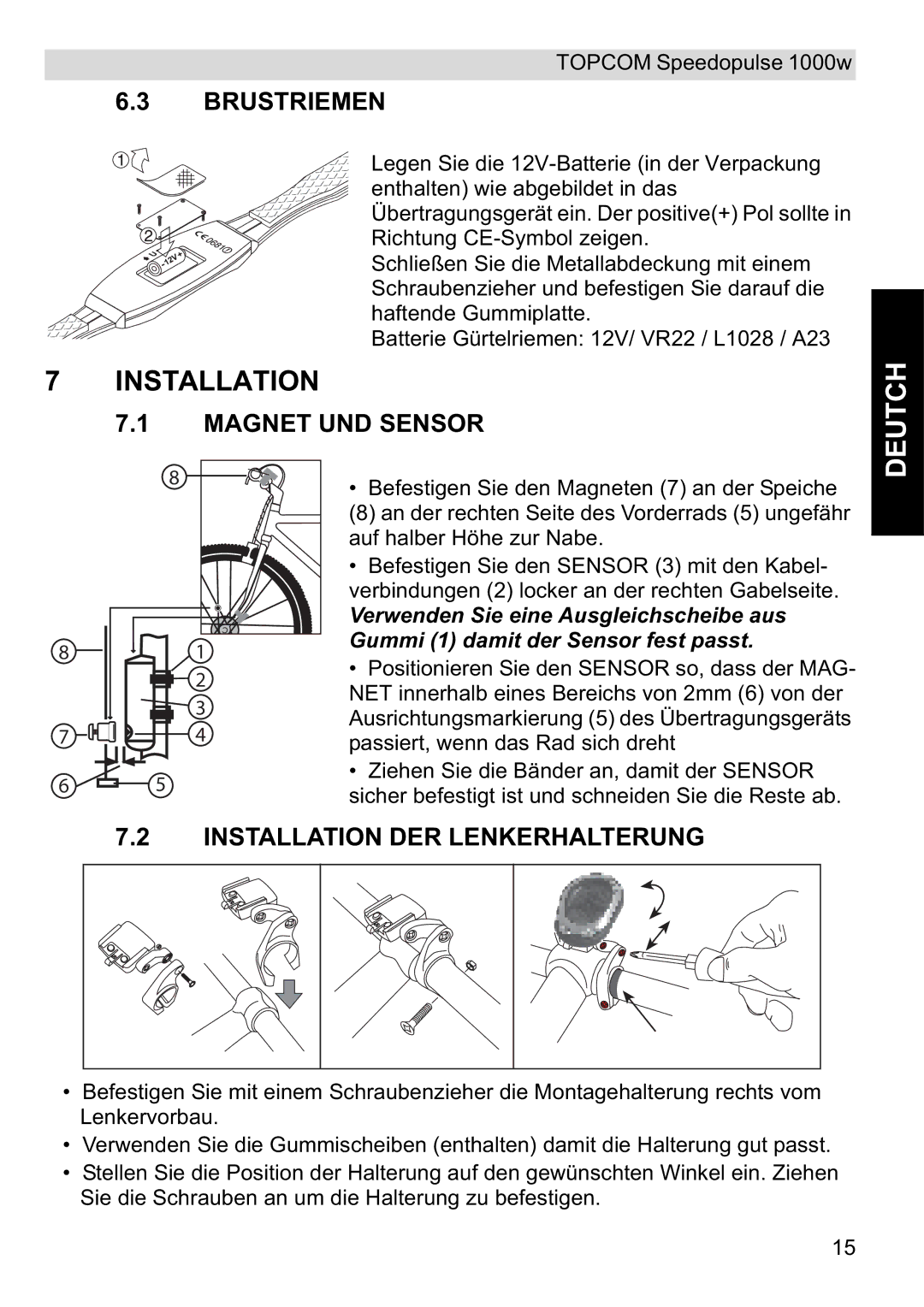 Topcom 1000W manual Brustriemen, Magnet UND Sensor, Installation DER Lenkerhalterung 